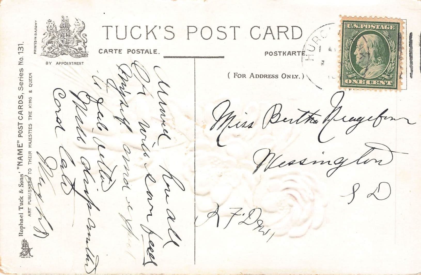 Tuck's Postcard, Divided Back, A House Blessing, Early 1900s - Back