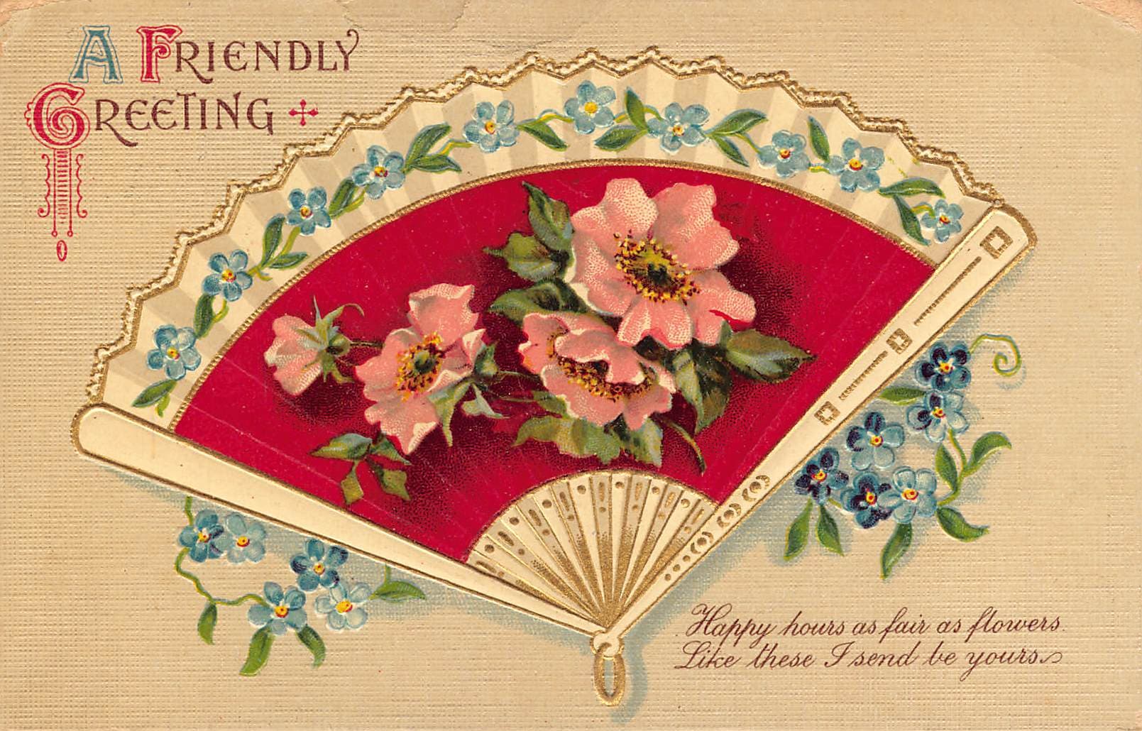 Printed in Germany, Divided Back Postcard, Floral Fan, 1912 Postmark
