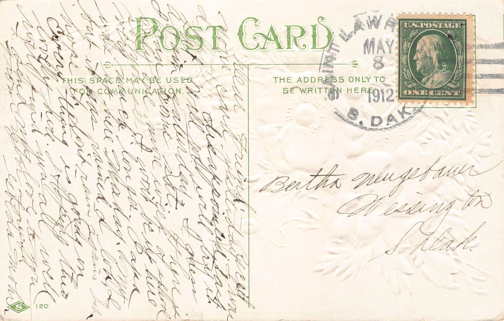 Early 1900s Embossed Motto Postcard, South Dakota, 1912 Postmark - Back