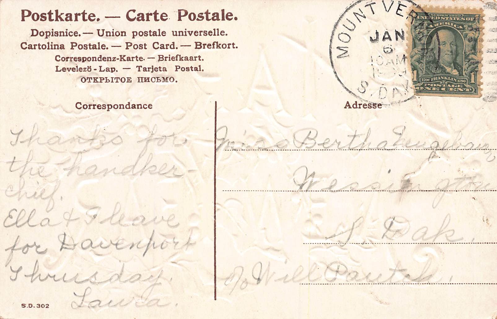 Lina Cherrie Postcard, Puppies, Mount Vernon SD, 1908 - Back