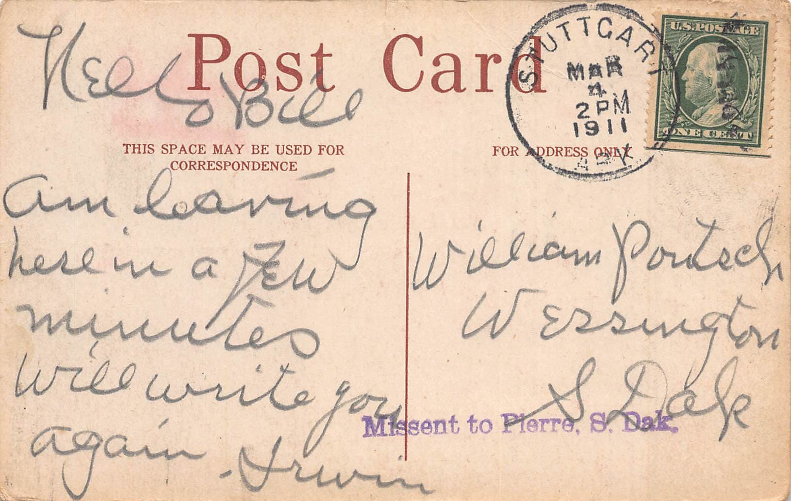 Best Wishes Embossed Postcard, Stuttgart, 1911 - Back