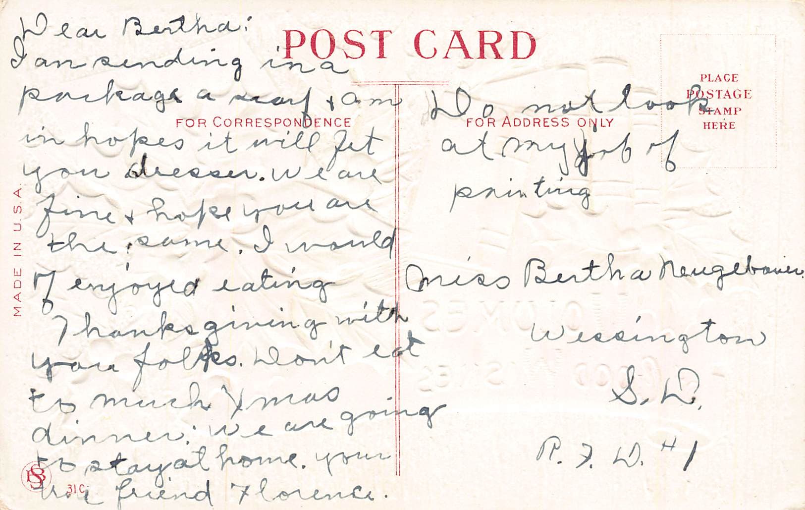 Embossed Floral Postcard, Made in USA, Early 20th Century - Back