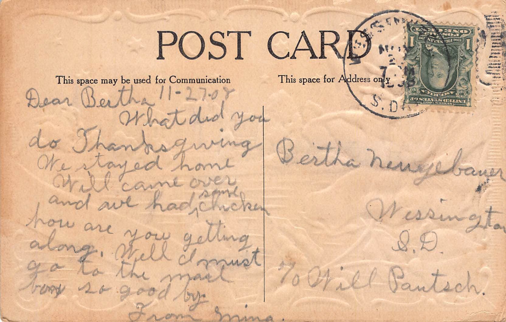 Embossed Roses Postcard, Divided Back, Best Wishes, 1908 Postmark - Back