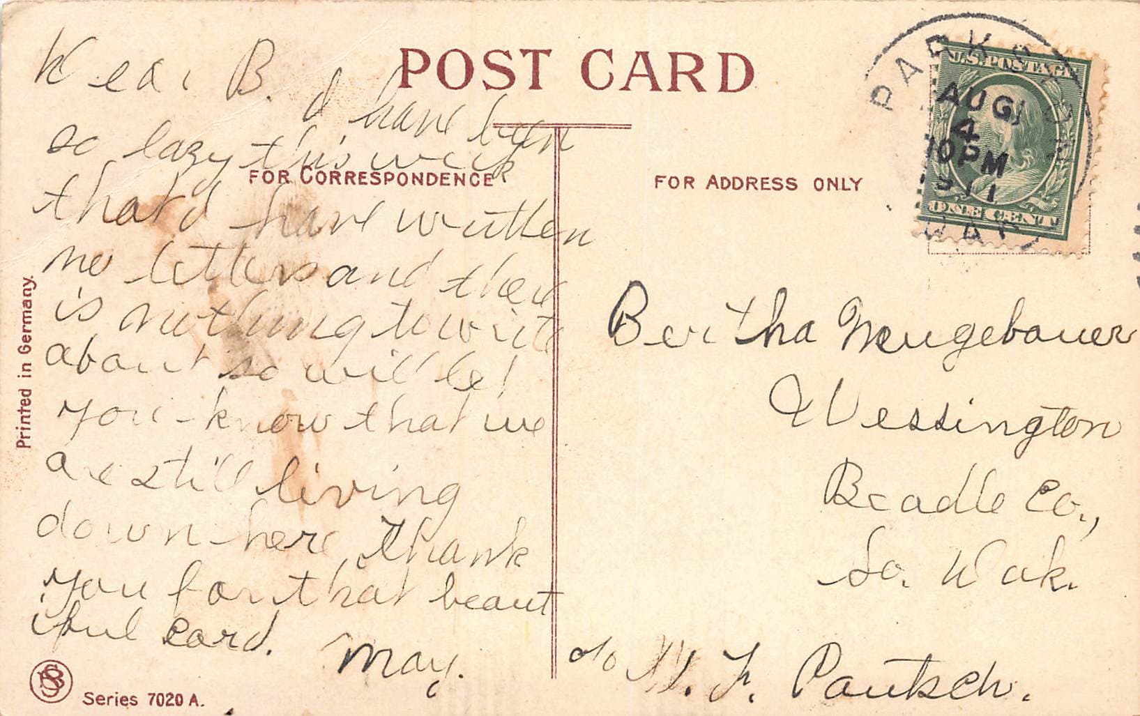 German Publisher, Divided Back, Best Wishes Floral, 1909 Postmark - Back