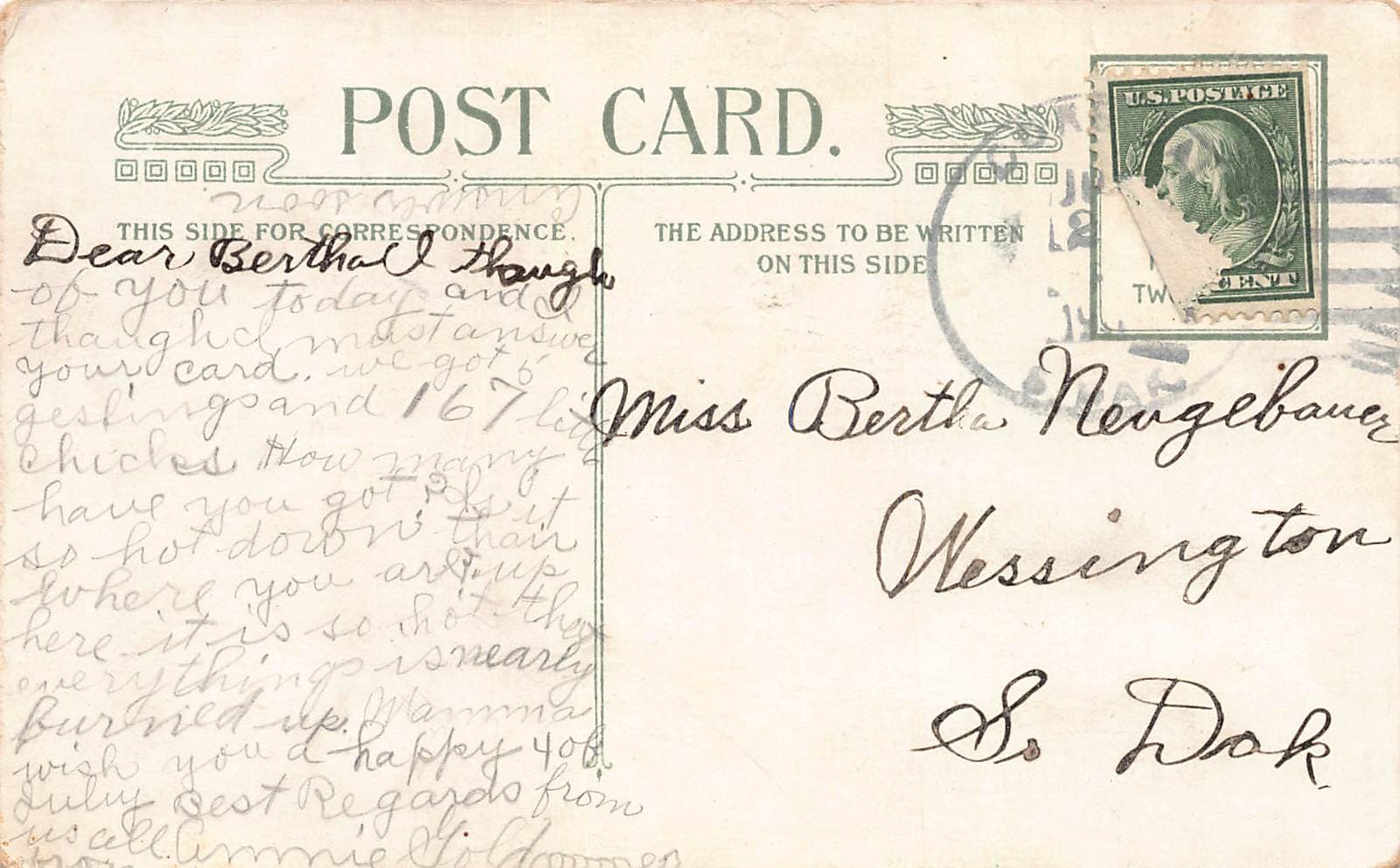 Thanksgiving Greetings Postcard, Divided Back, Early 1900s - Back