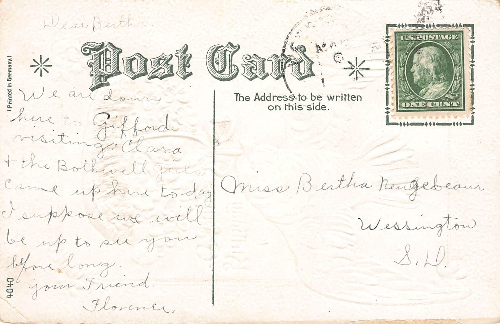 German Publisher, Embossed Birthday Greetings, Early 1900s, Postmarked 1910 - Back