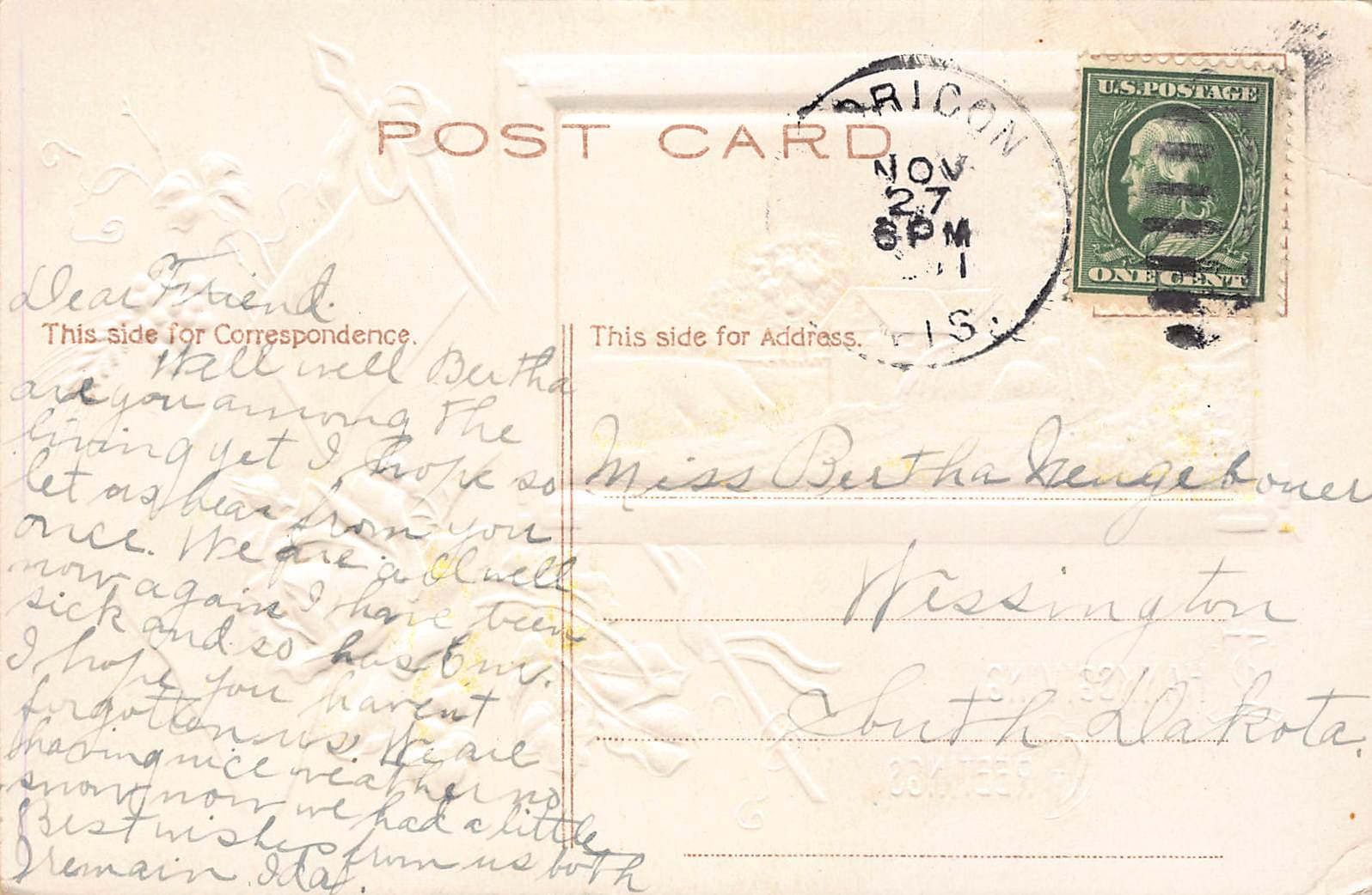 Raphael Tuck & Sons Thanksgiving Greetings Postcard, 1911 - Back