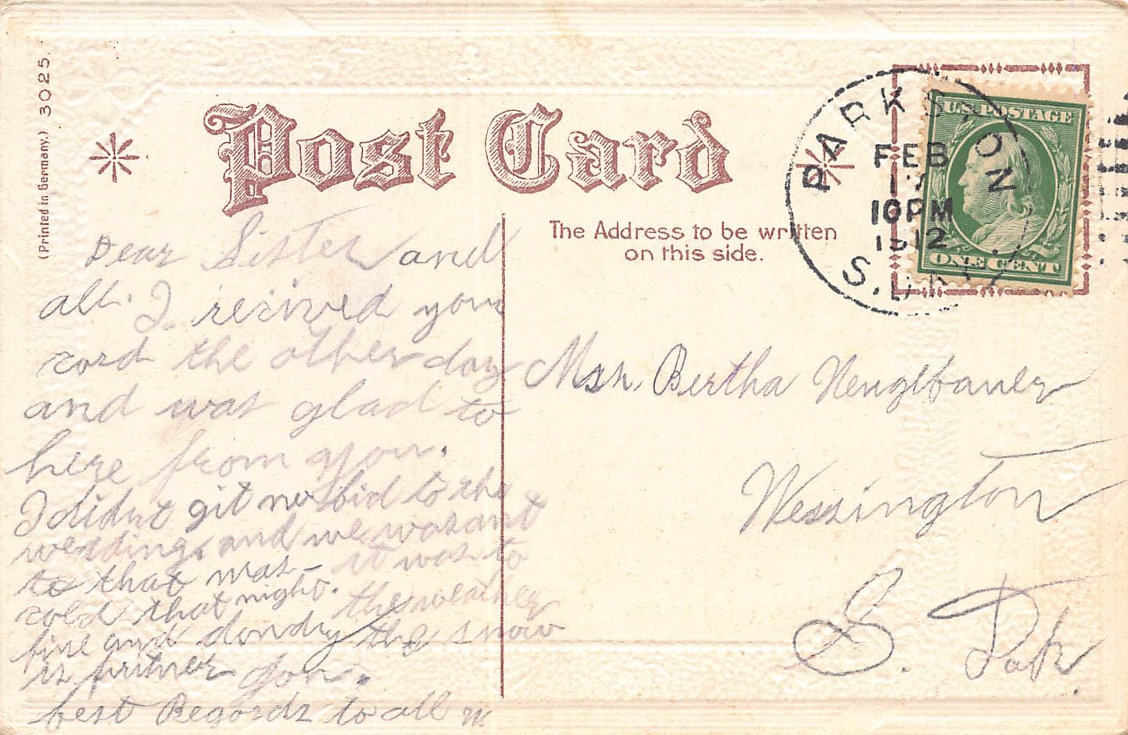 Printed in Germany, Divided Back Postcard, Love Scene, 1910 Postmark - Back