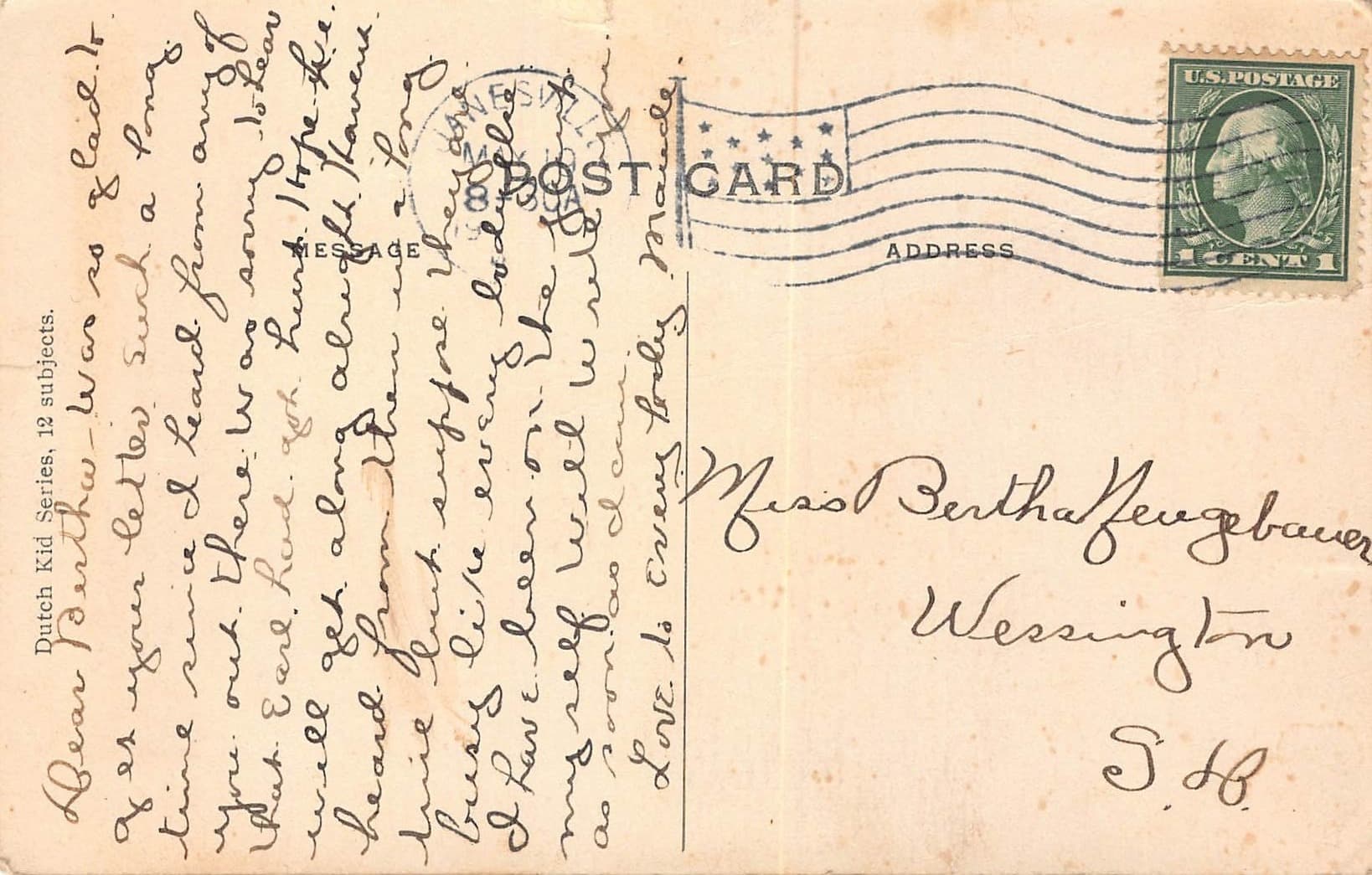 Dutch Kid Series Postcard, Divided Back, 1913, Massachusetts - Back