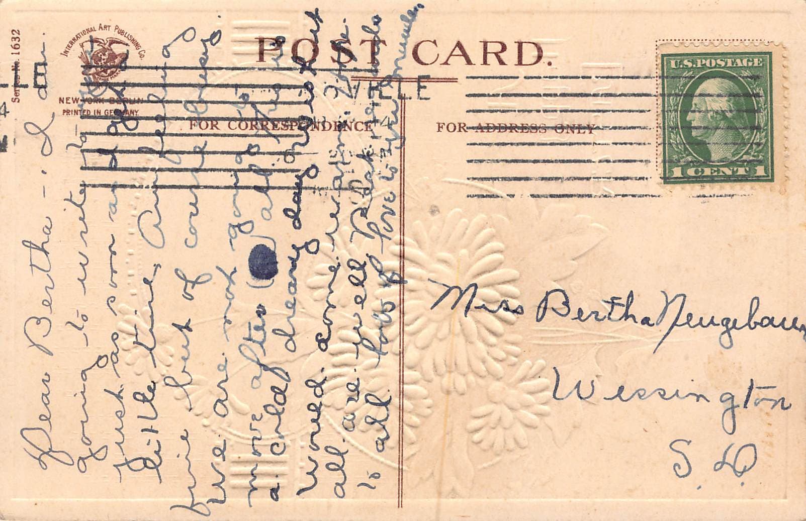 International Art Publishing Co. Easter Postcard, Church Scene, 1910s - Back