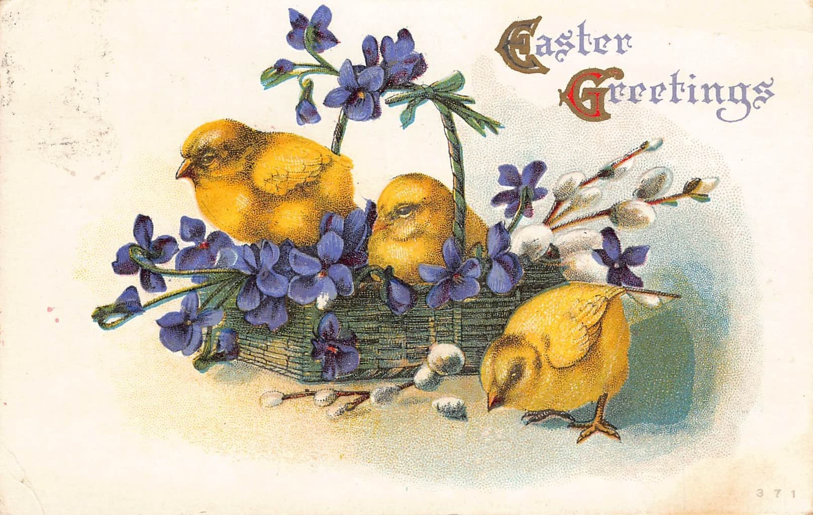 Easter Greetings Postcard, Chicks and Flowers, 1910s