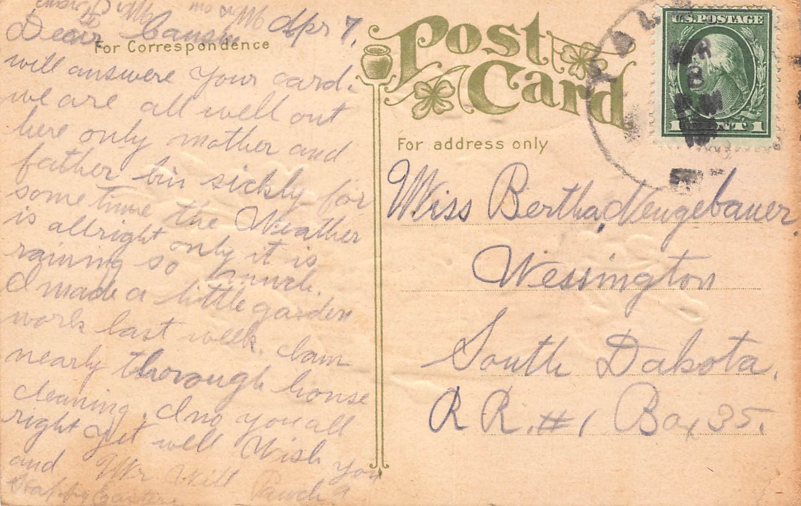 Easter Greetings Postcard, Chicks and Flowers, 1910s - Back