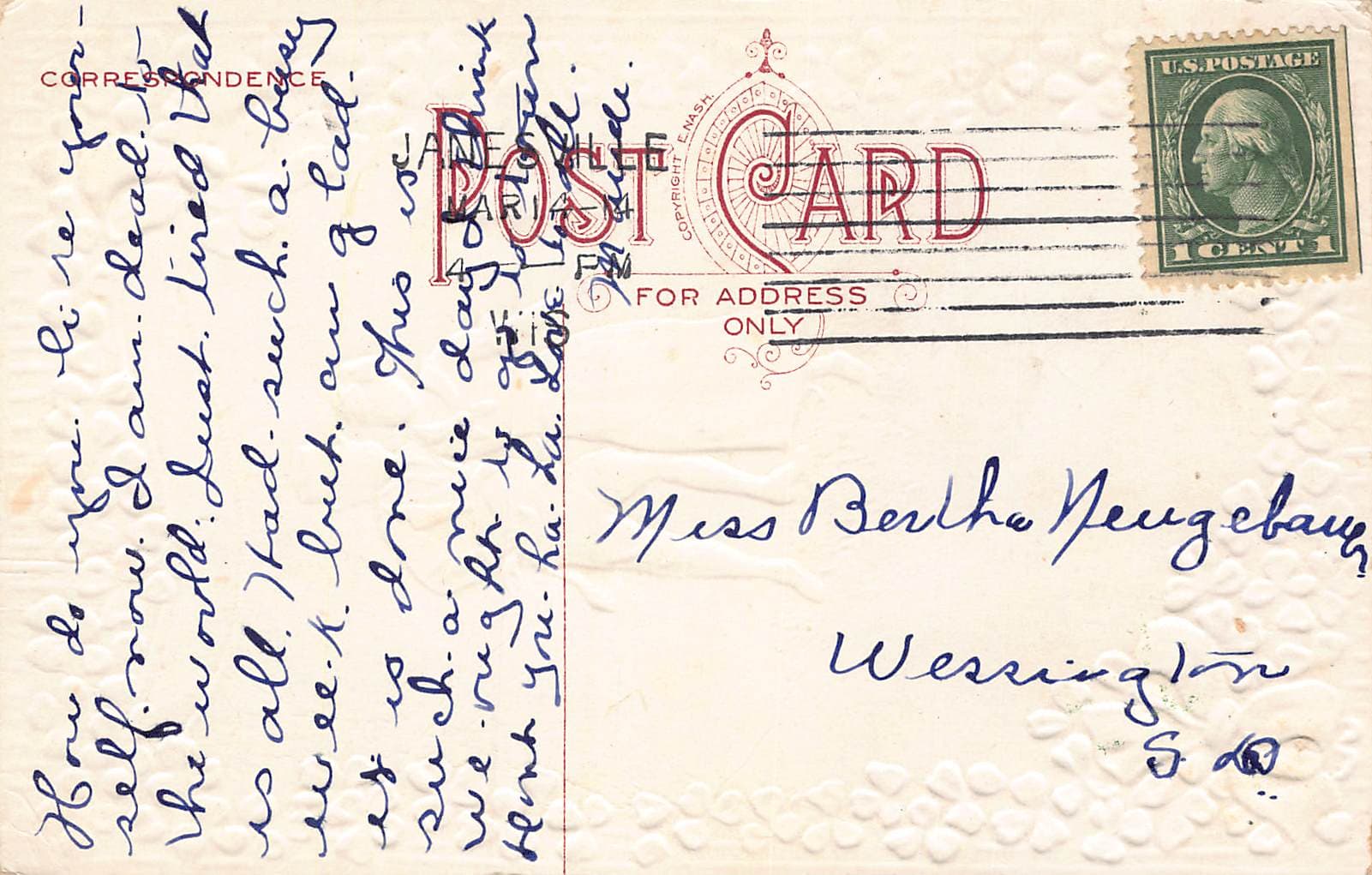 EASB, Embossed St. Patrick's Day Postcard, Early 1900s, Postmarked 1913 - Back