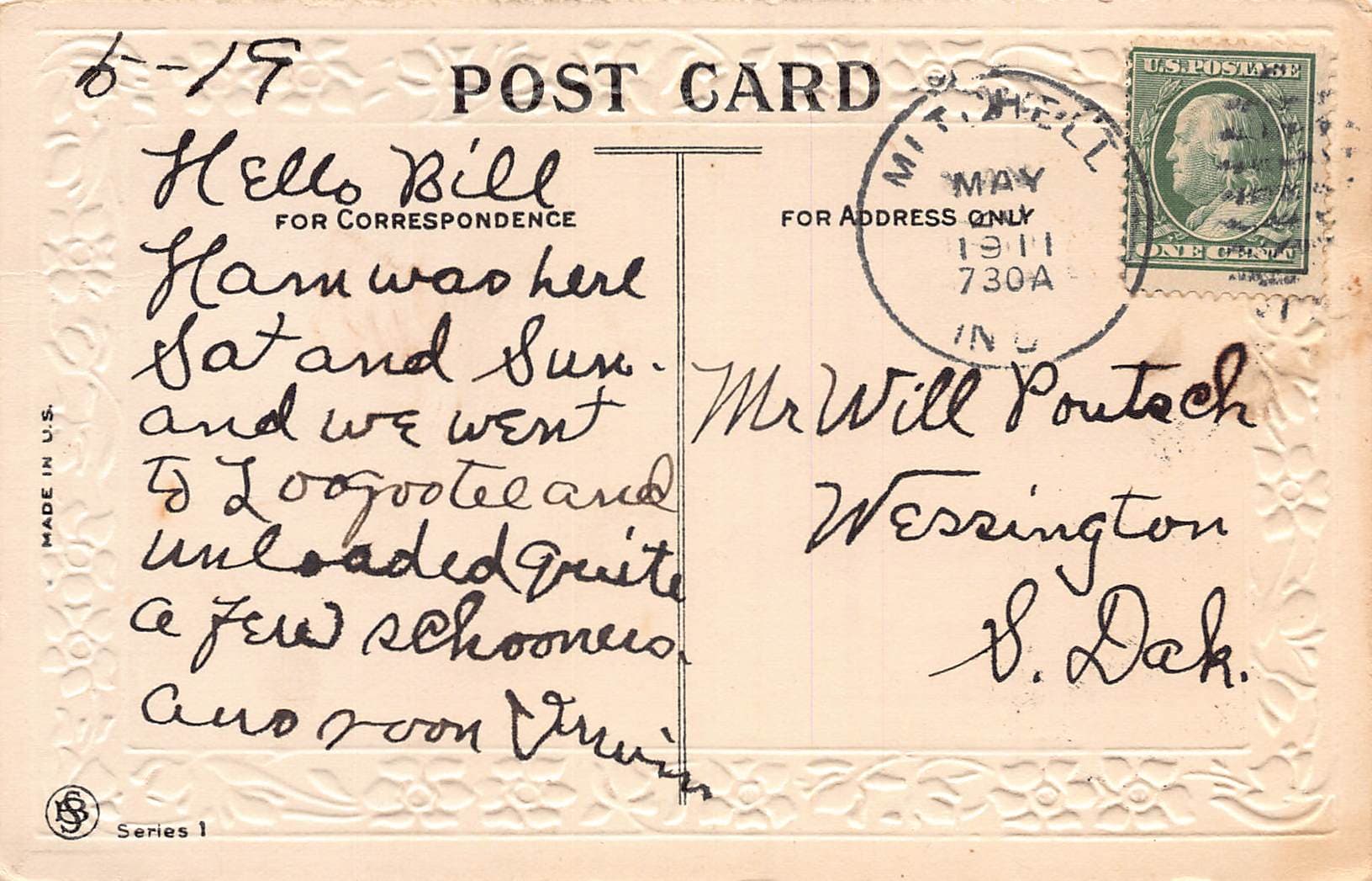 Bamforth & Co., Divided Back, Humorous Scene, 1911 Postmark - Back