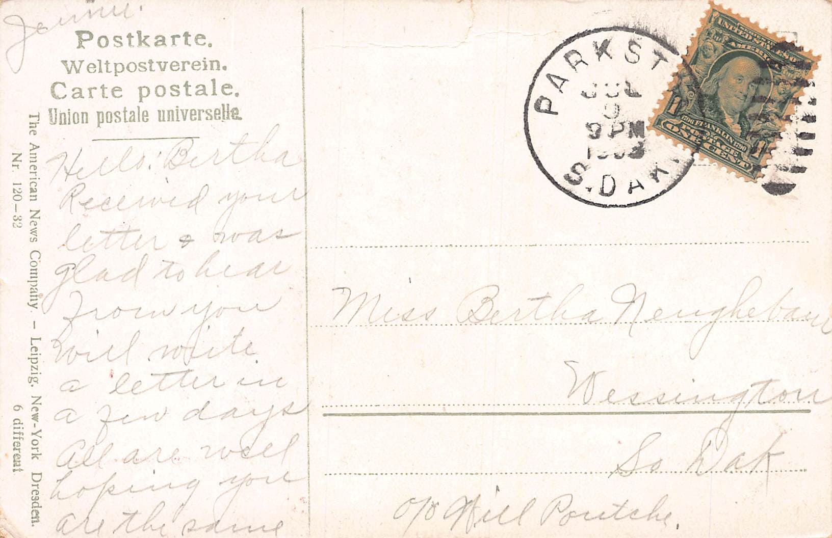 American News Co., Divided Back Postcard, Floral Scene, 1908 Postmark - Back
