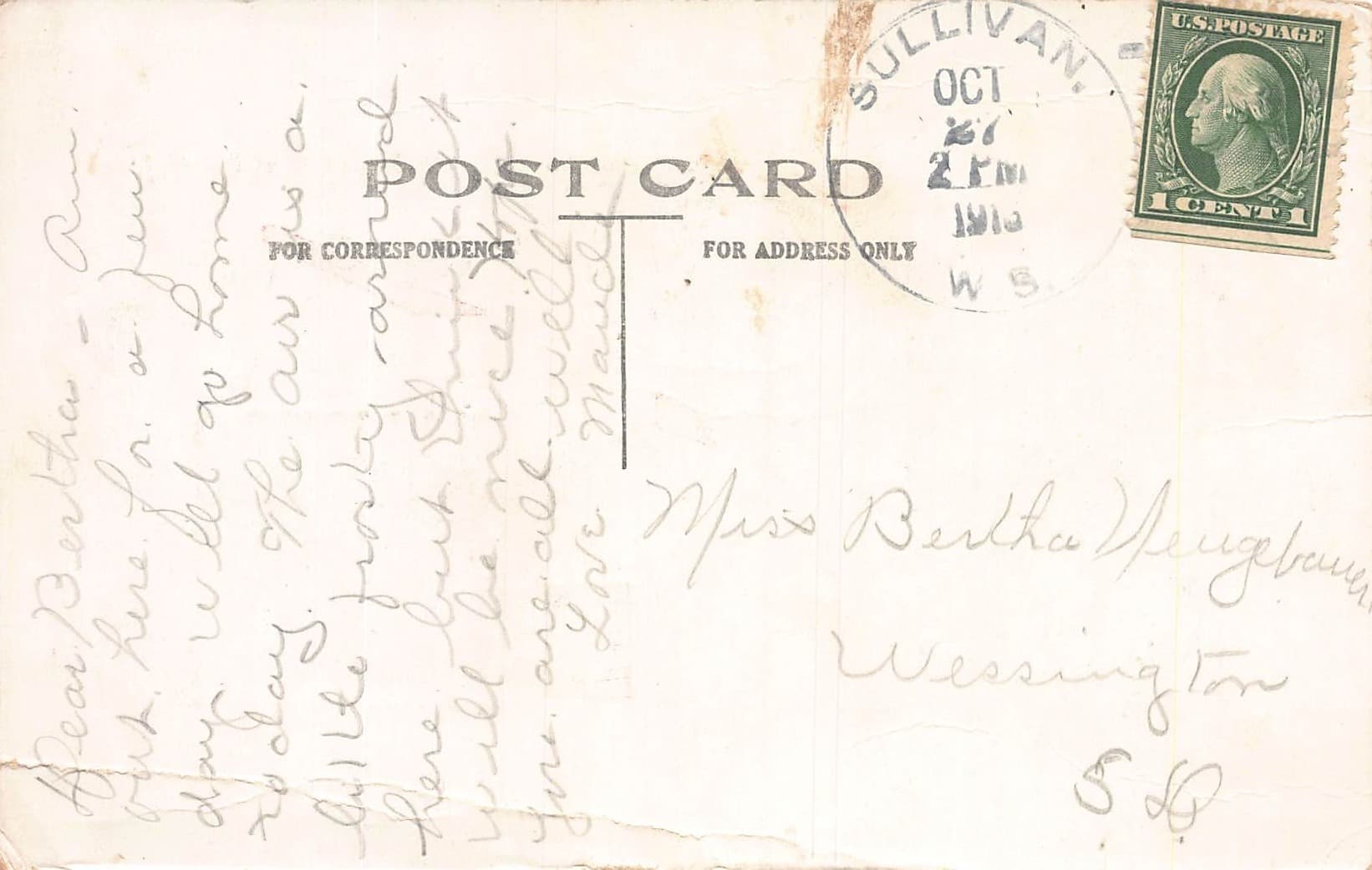 Sullivan Postcard, Divided Back, Cartoon Scene, 1910 Postmark - Back