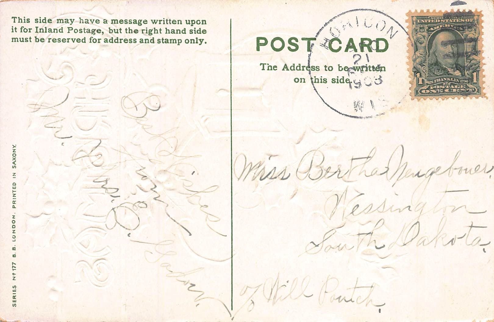 B.B. London, Divided Back Christmas Postcard, 1908, Wisconsin - Back
