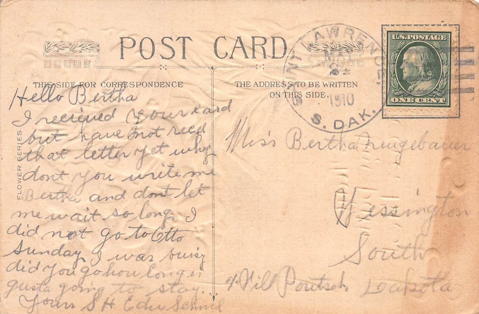 Flower Series Postcard, Divided Back, Floral Design, South Dakota, 1910 - Back