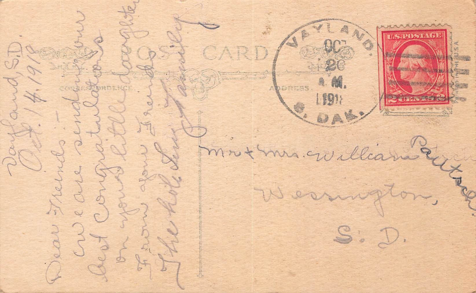 Heartiest Congratulations, Divided Back Postcard, South Dakota, 1911 - Back