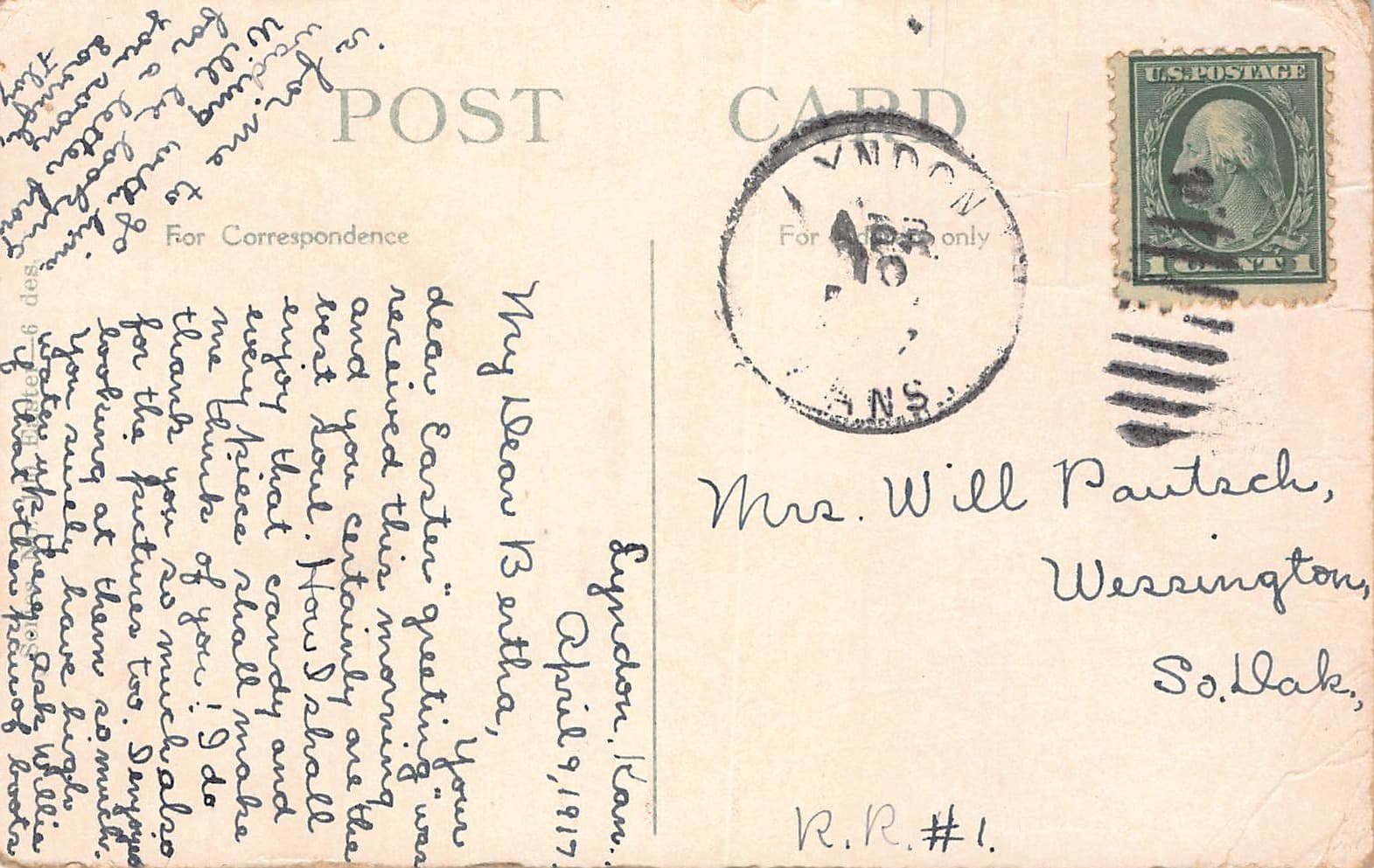 A Happy Easter, Divided Back Postcard, Bunnies and Eggs, 1917 Postmark - Back