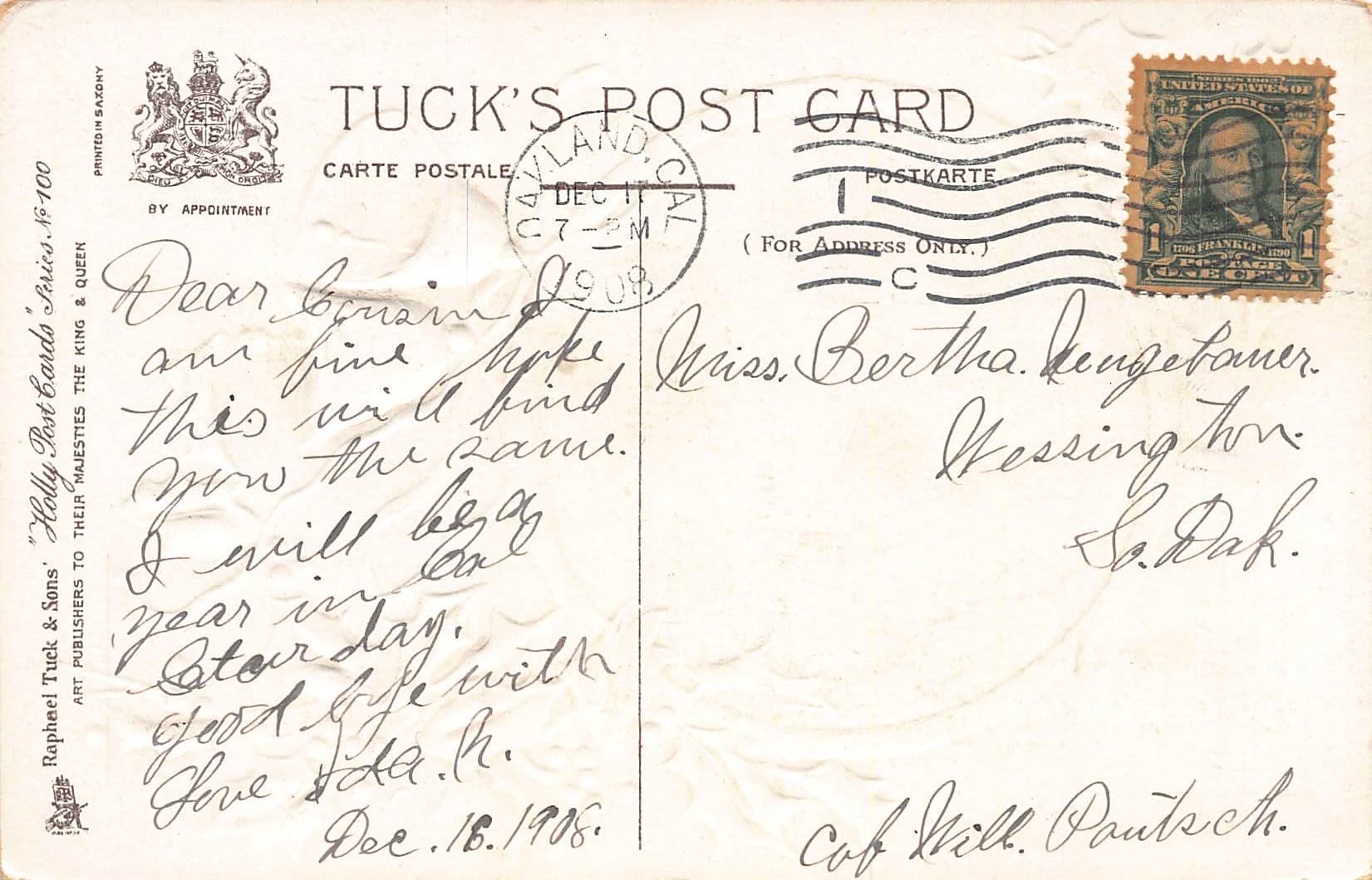 Tuck's Postcard, Divided Back, Merry Christmas, 1908 - Back