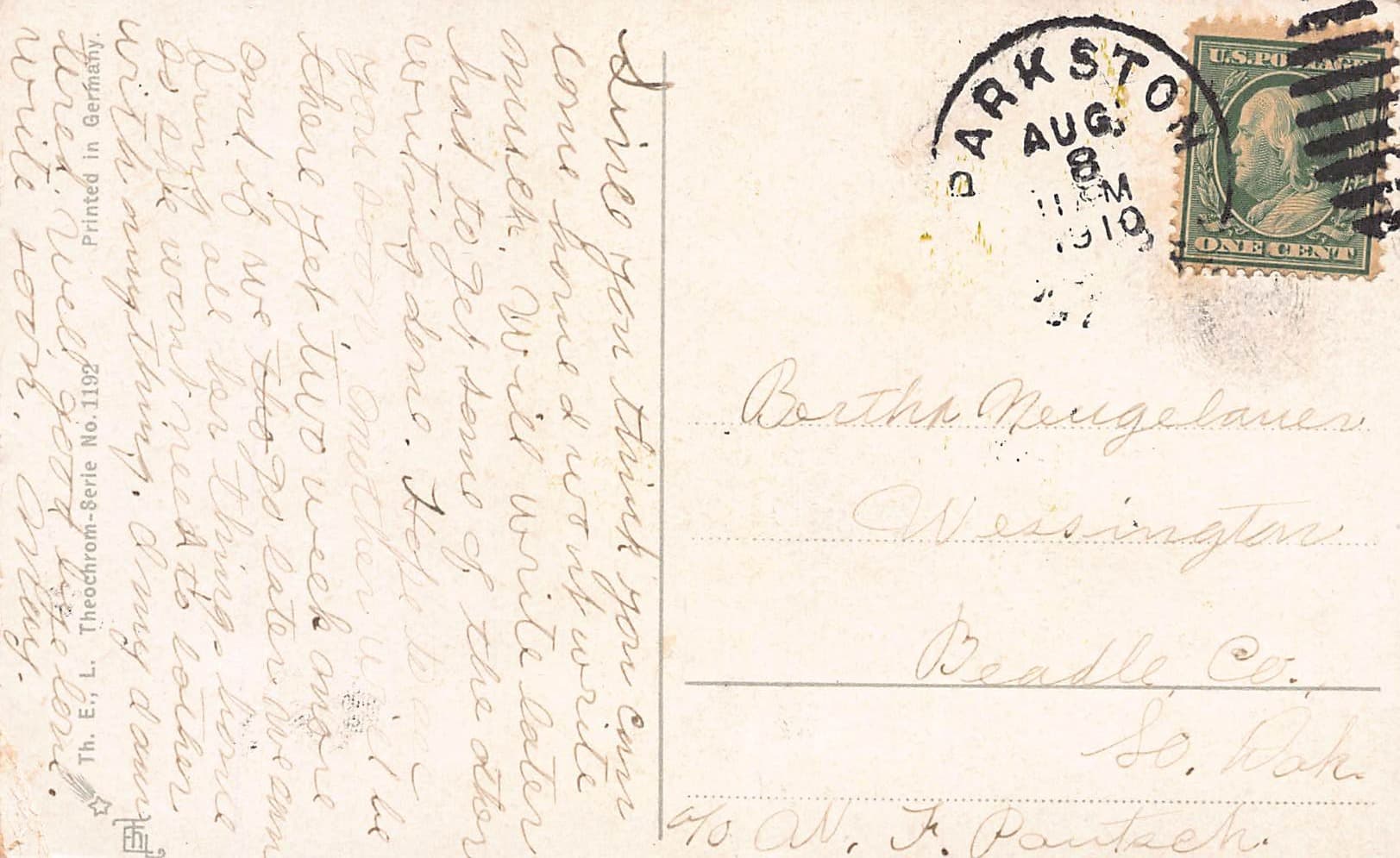 Th. E. L. Theochrom-Serie Postcard, A Happy Meeting, 1910 - Back