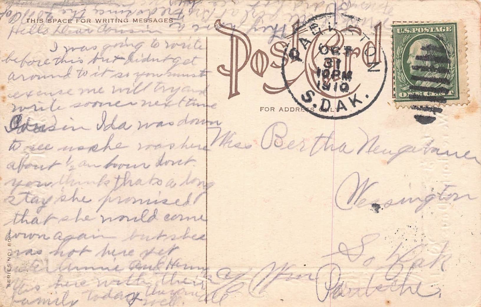 Series No. 800, Divided Back Postcard, Porch Scene, 1910 Postmark - Back