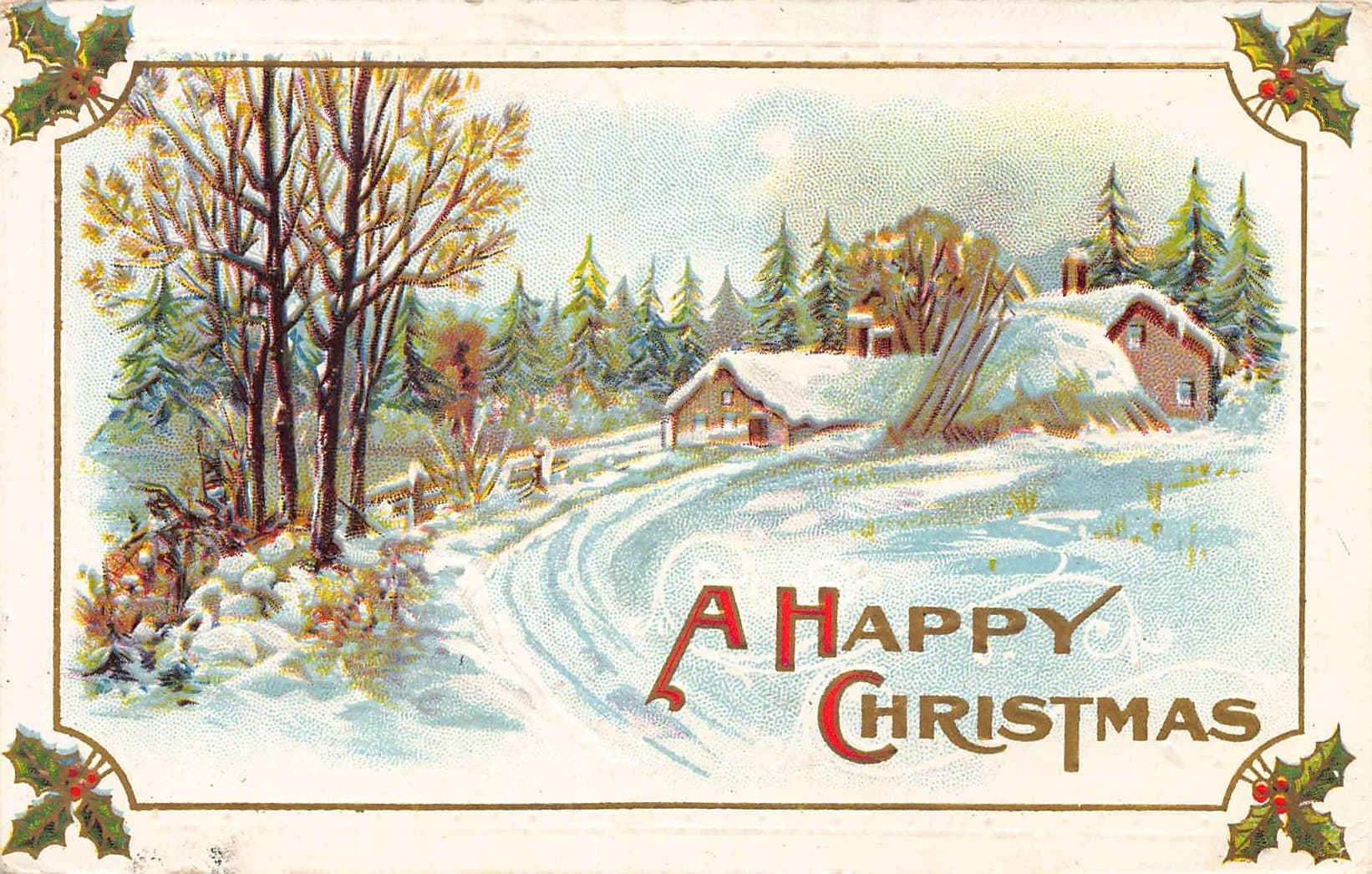 A Happy Christmas, Divided Back Postcard, Winter Scene, 1915 Postmark