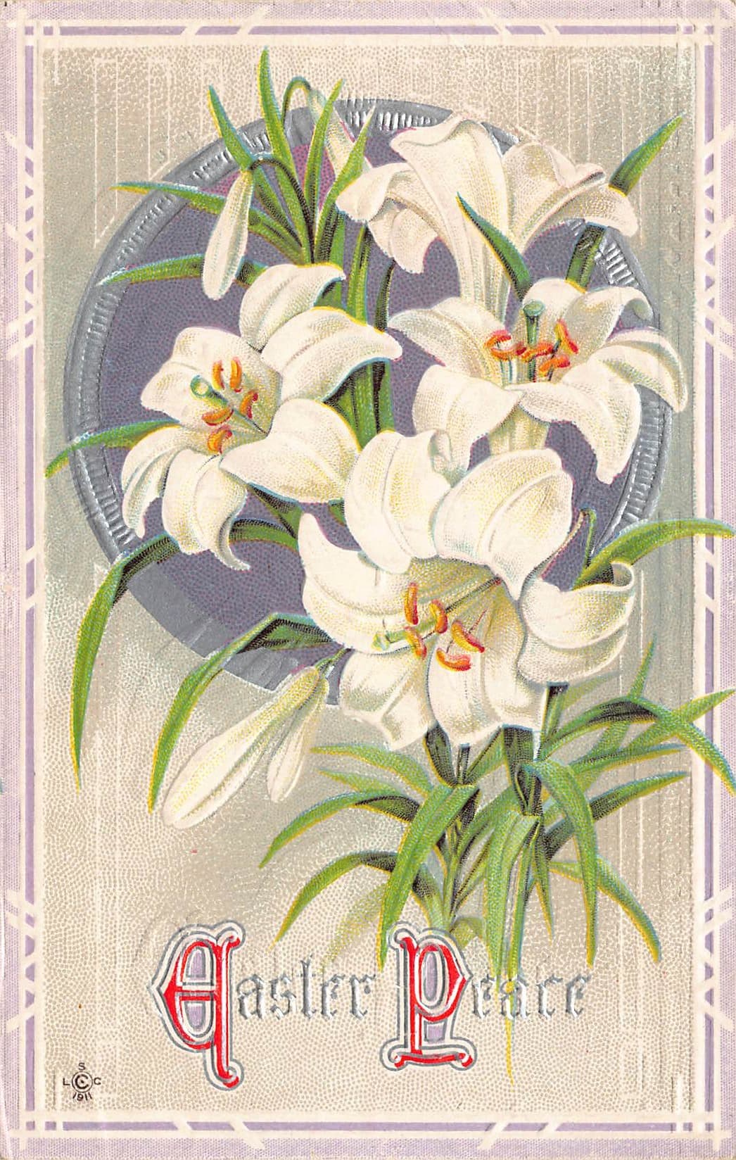 LCC 1911 Easter Peace Postcard, White Lilies, 1912 Postmark