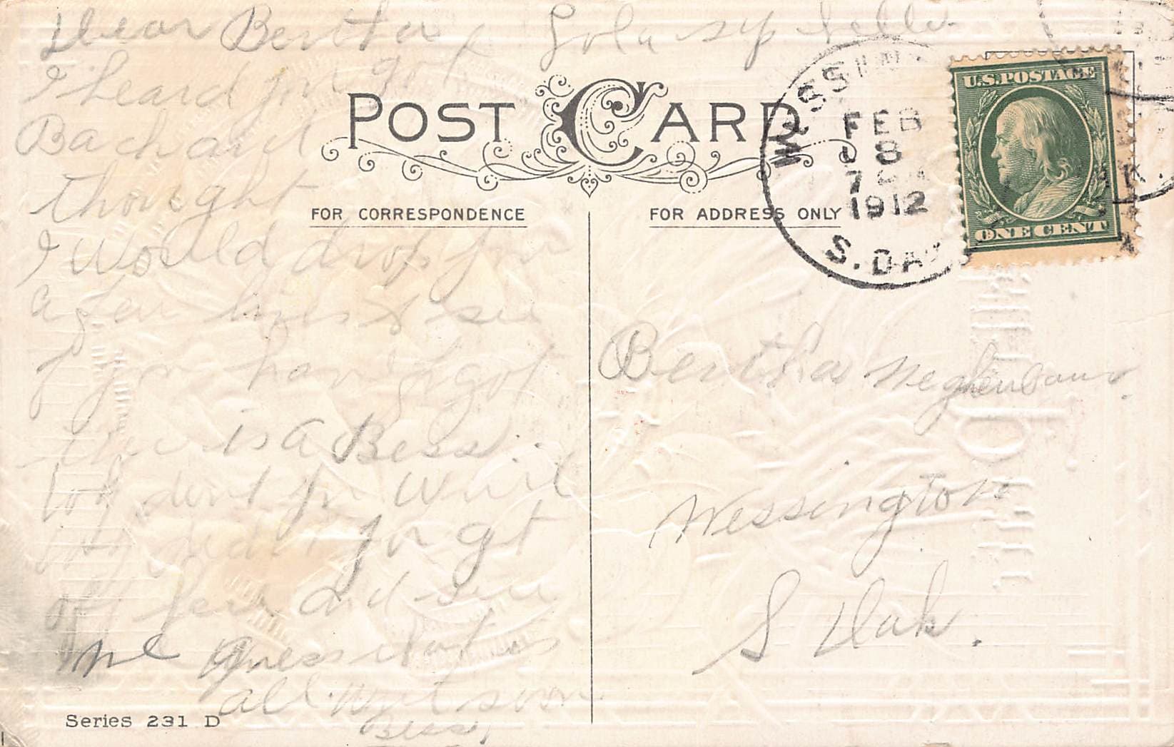 LCC 1911 Easter Peace Postcard, White Lilies, 1912 Postmark - Back