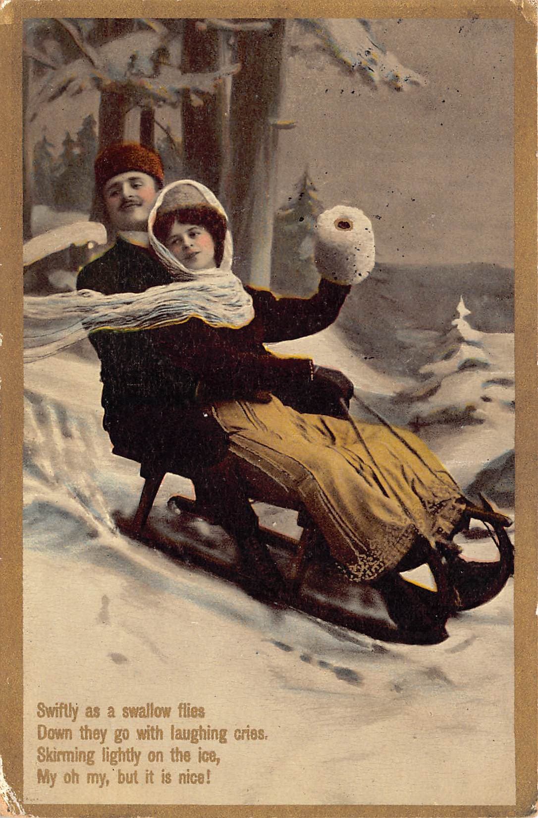 R.E.L. 'Emaille' Series, Divided Back, Winter Sledding Scene, 1912