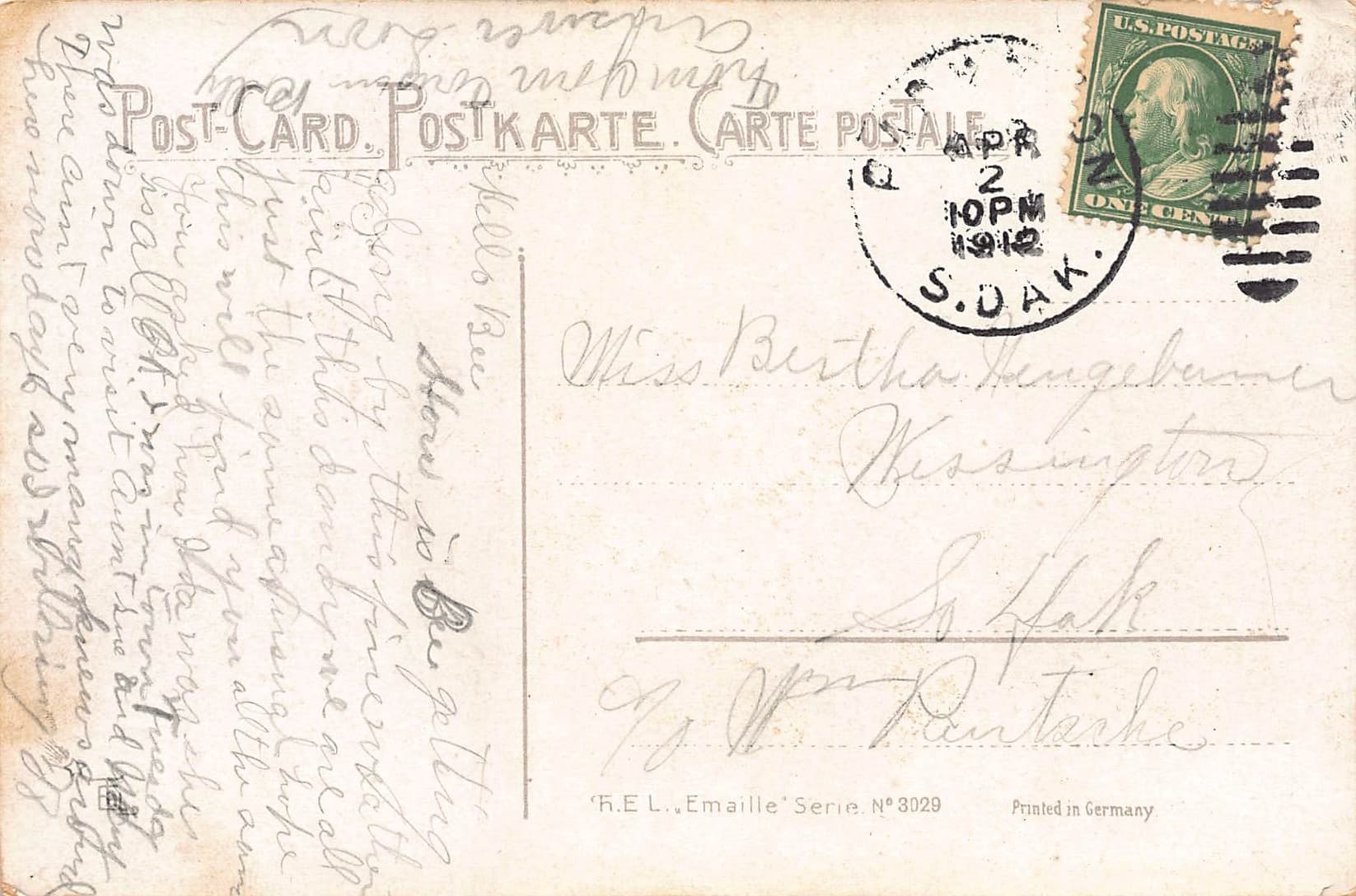 R.E.L. 'Emaille' Series, Divided Back, Winter Sledding Scene, 1912 - Back