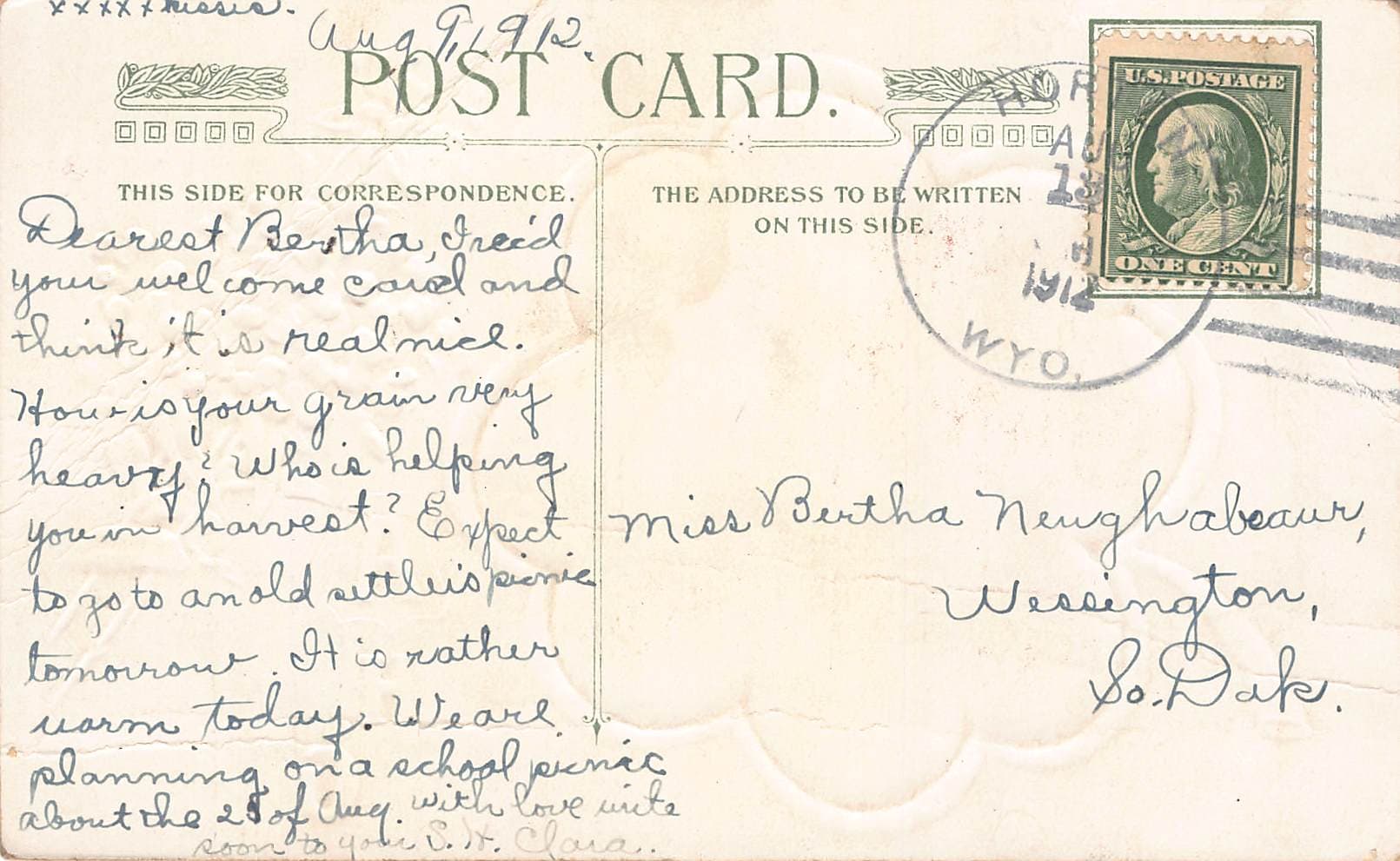 A Hearty Greeting, Divided Back Postcard, Wyoming to South Dakota, 1912 - Back