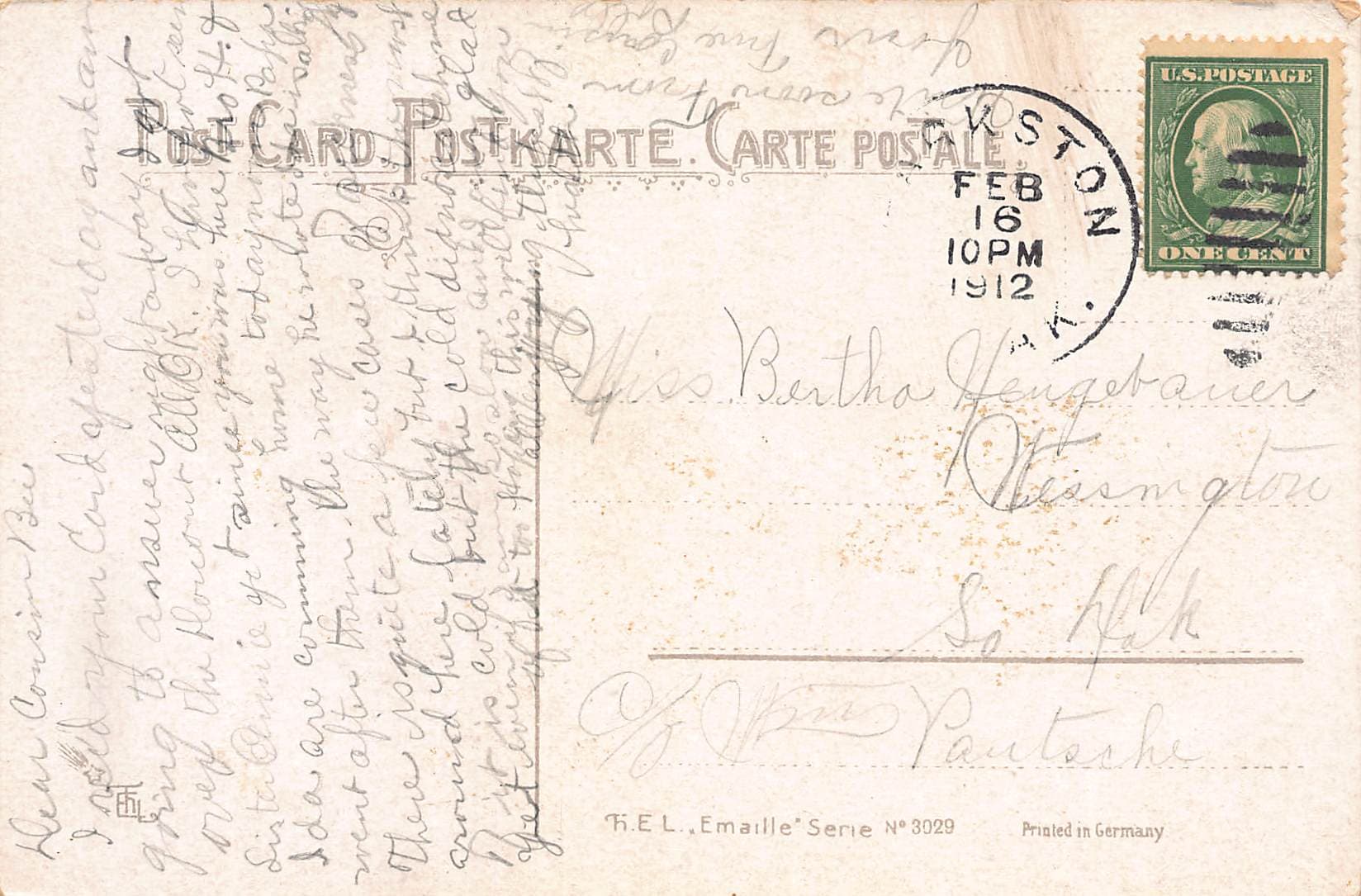 R.E.L. 'Emaille' Series Postcard, Winter Scene, 1912 Postmark - Back