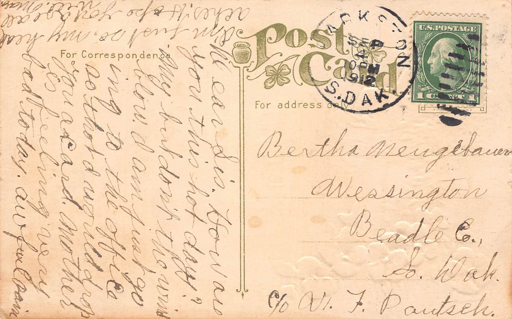 Homeward Bound, Divided Back Postcard, South Dakota, 1912 - Back