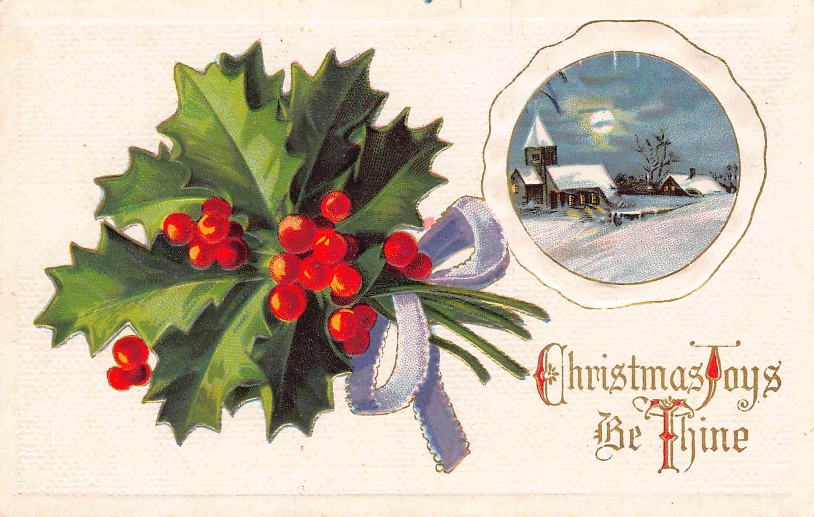B. B. London, Divided Back Christmas Postcard, Holly and Church Scene, 1910s