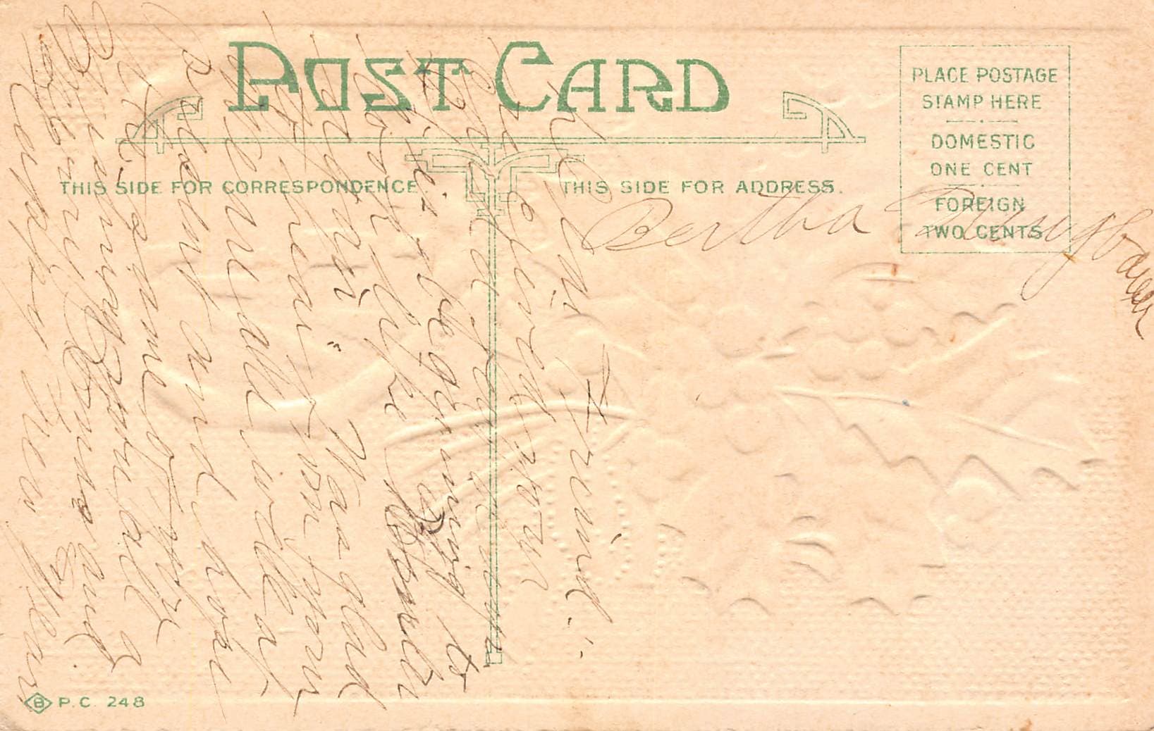 B. B. London, Divided Back Christmas Postcard, Holly and Church Scene, 1910s - Back