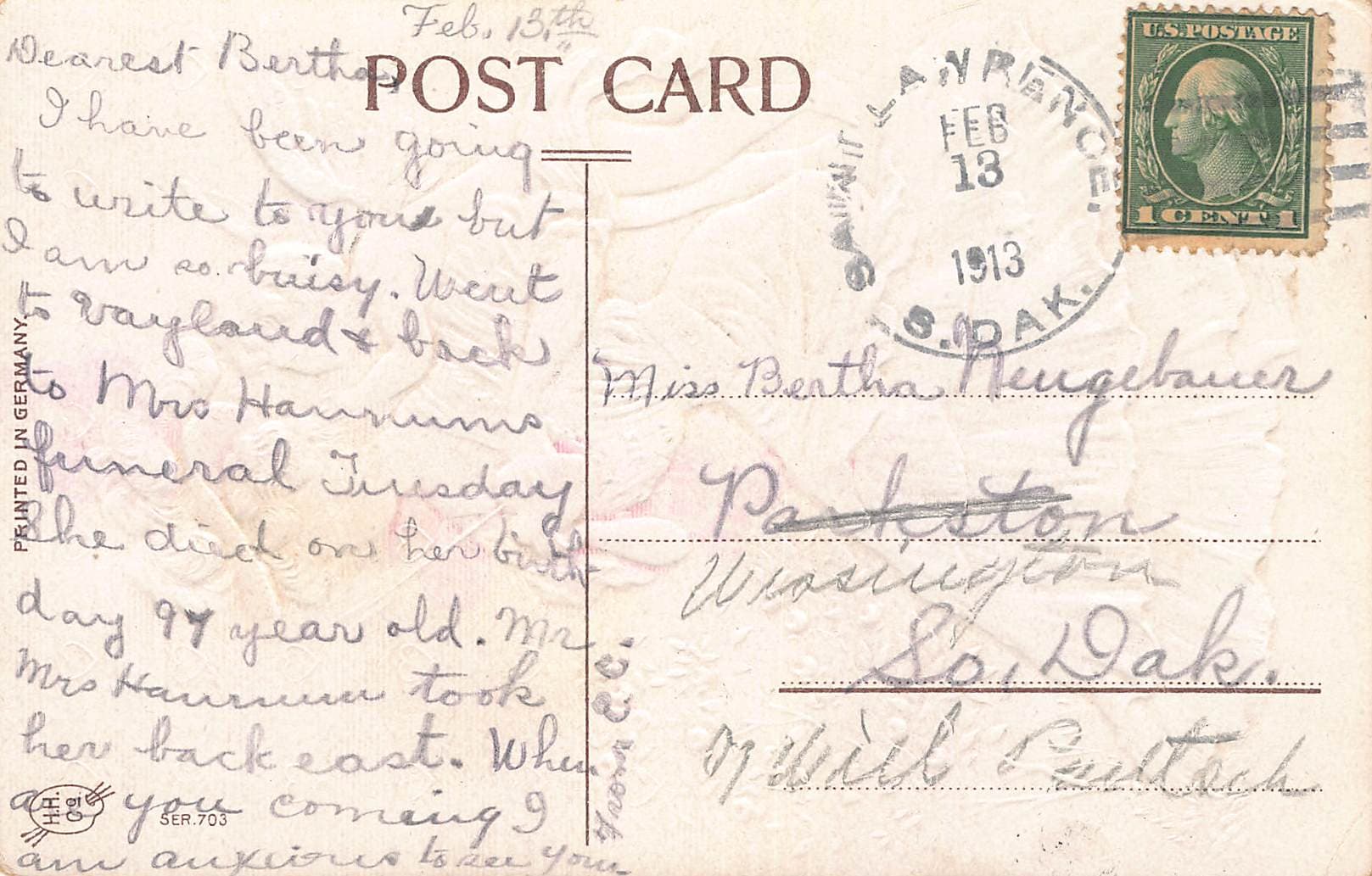 Printed in Germany, Divided Back Valentine Postcard, 1913 - Back