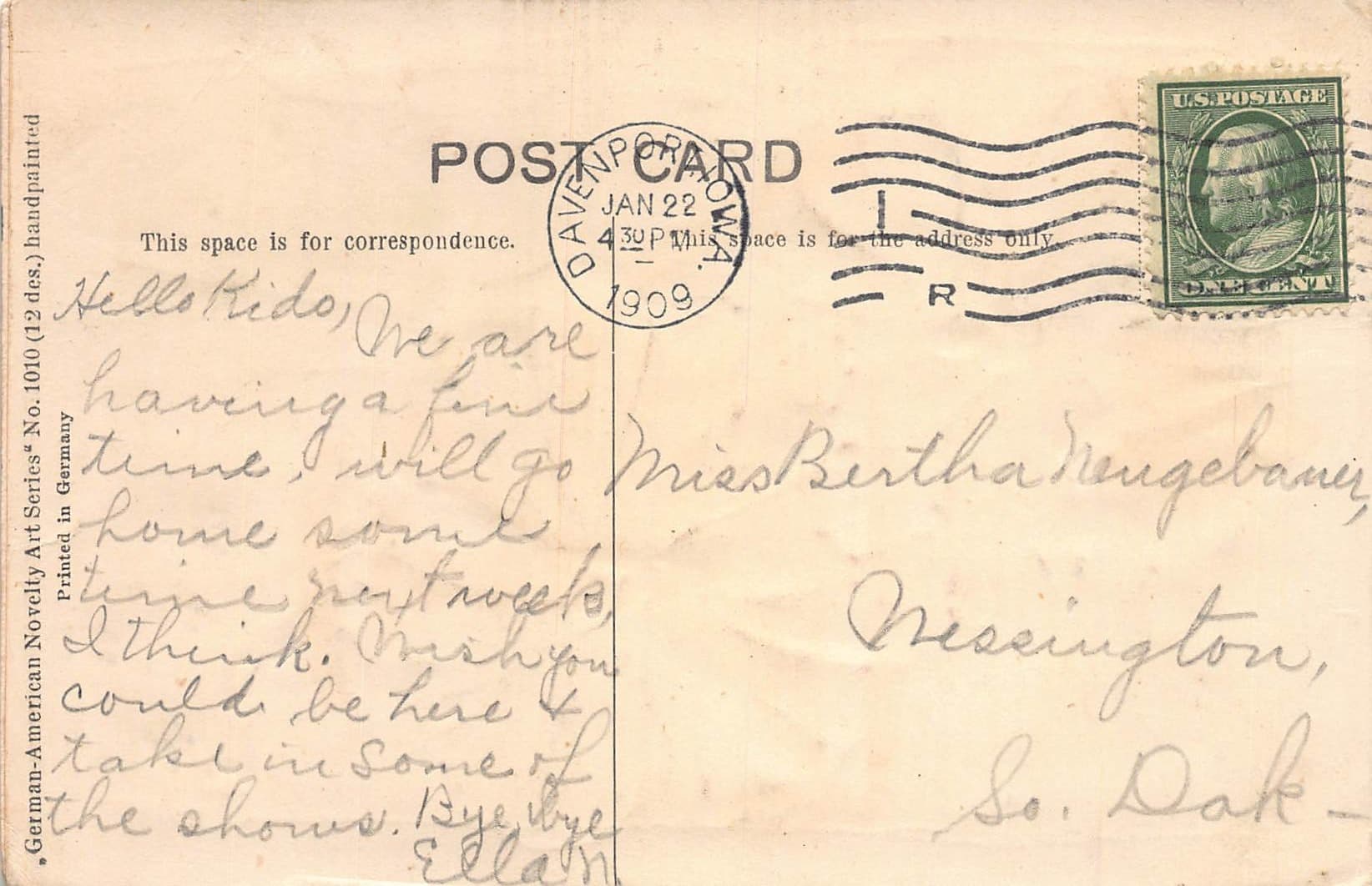 German-American Novelty Art Series, Divided Back, Birthday Greetings, 1909 - Back