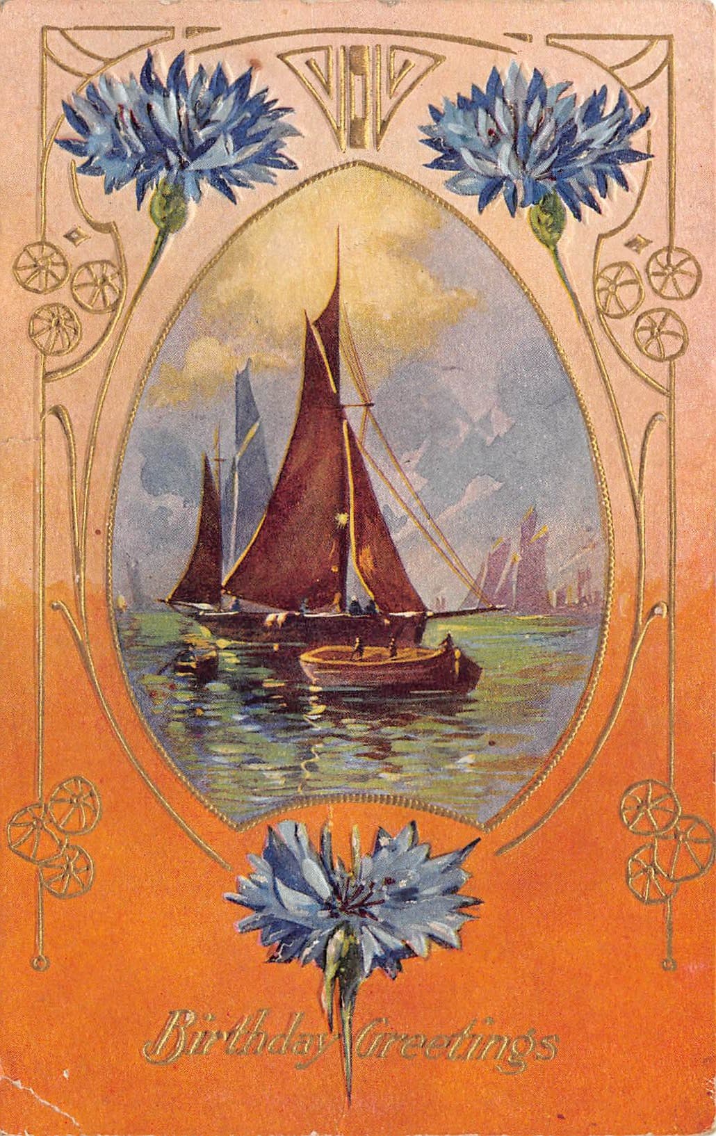 Birthday Greetings, Divided Back Postcard, Sailboats, 1910