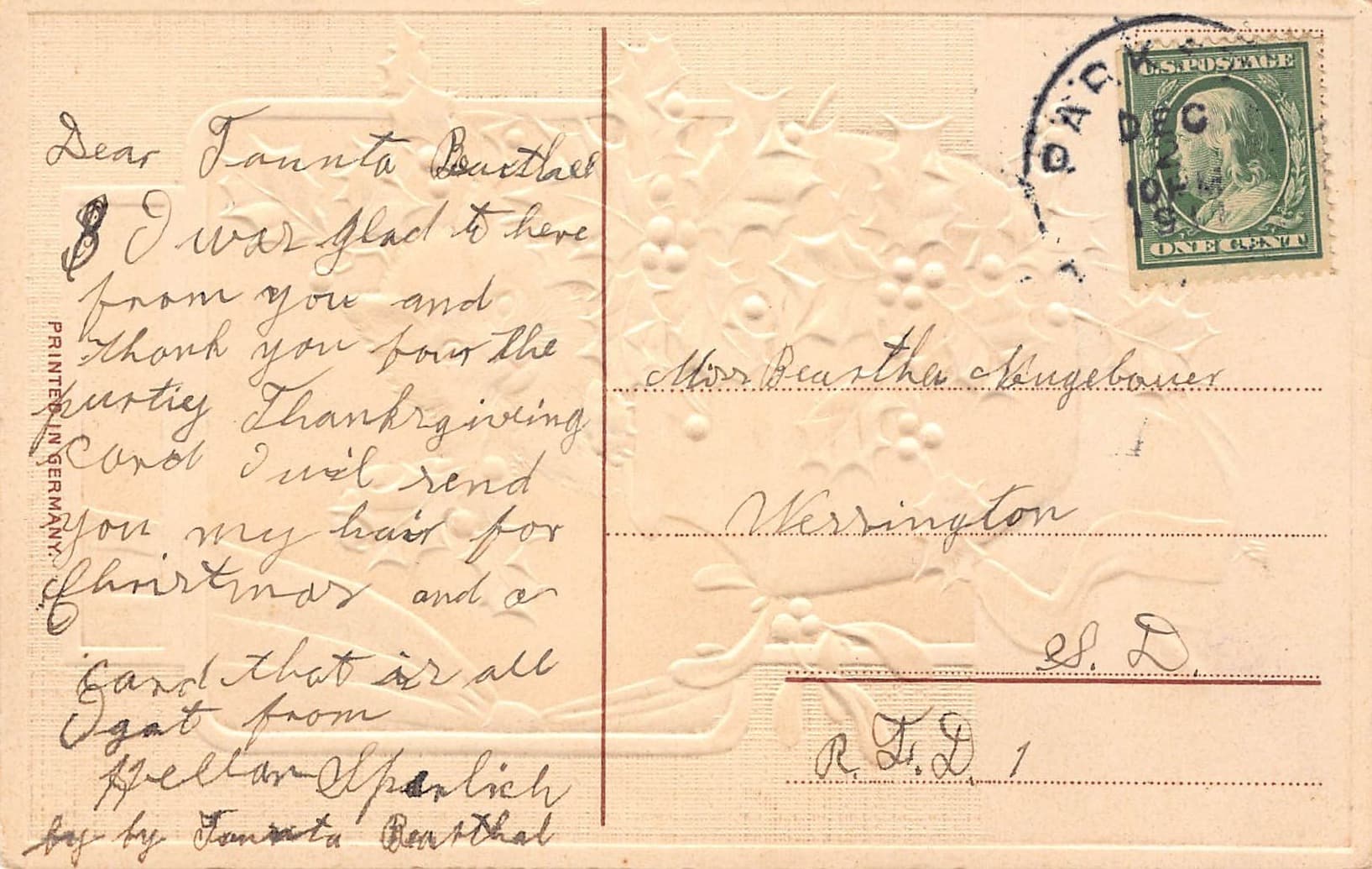 Printed in Germany, Embossed Christmas Postcard, Kitten with Holly, 1910 - Back