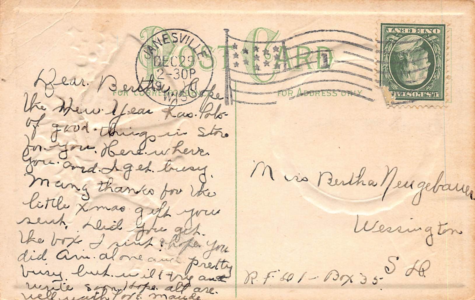 New Year Greetings, Divided Back, Janesville WI, 1914 - Back