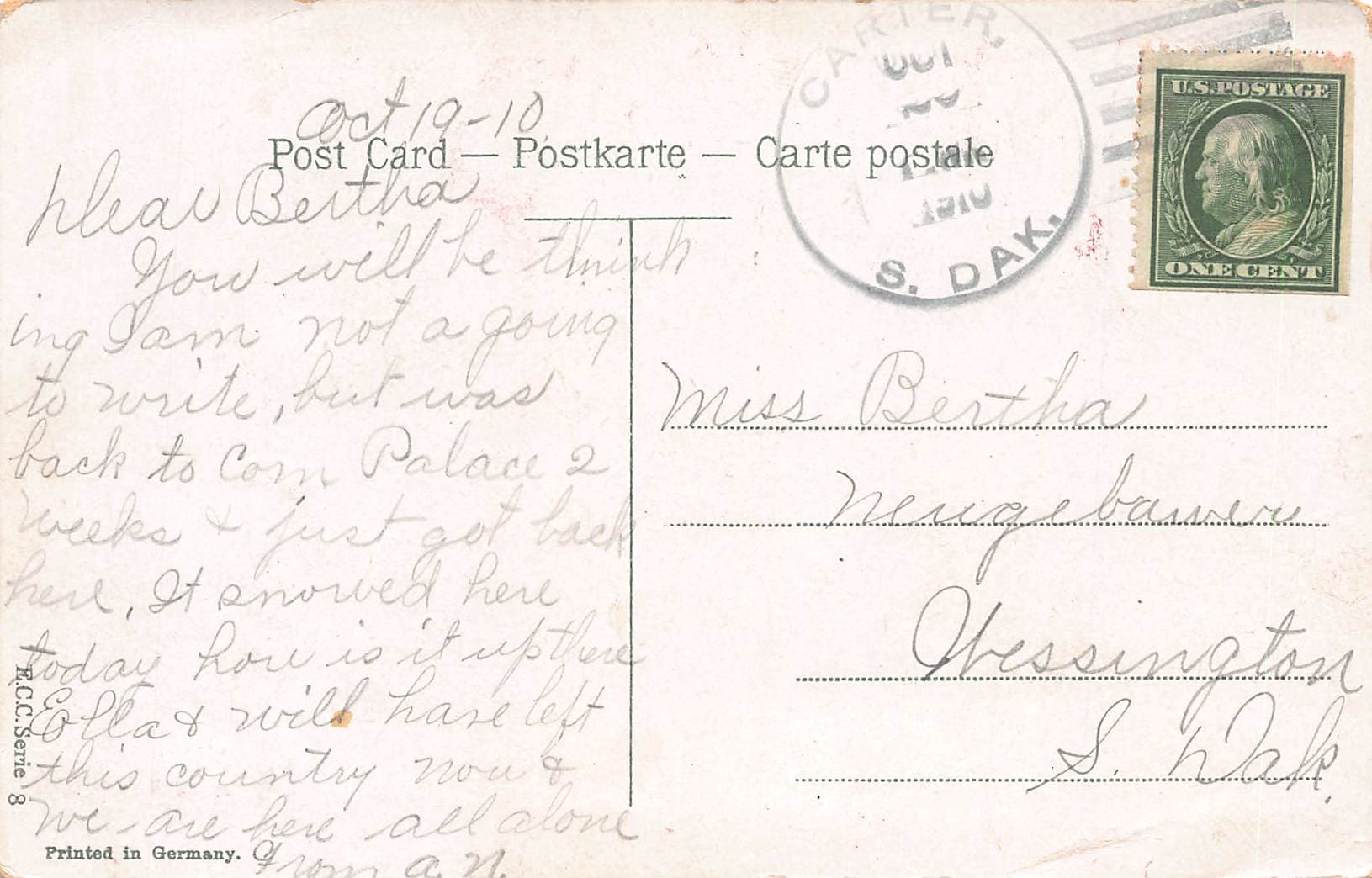 Printed in Germany, Divided Back, Hearty Greetings, 1910 Postmark - Back