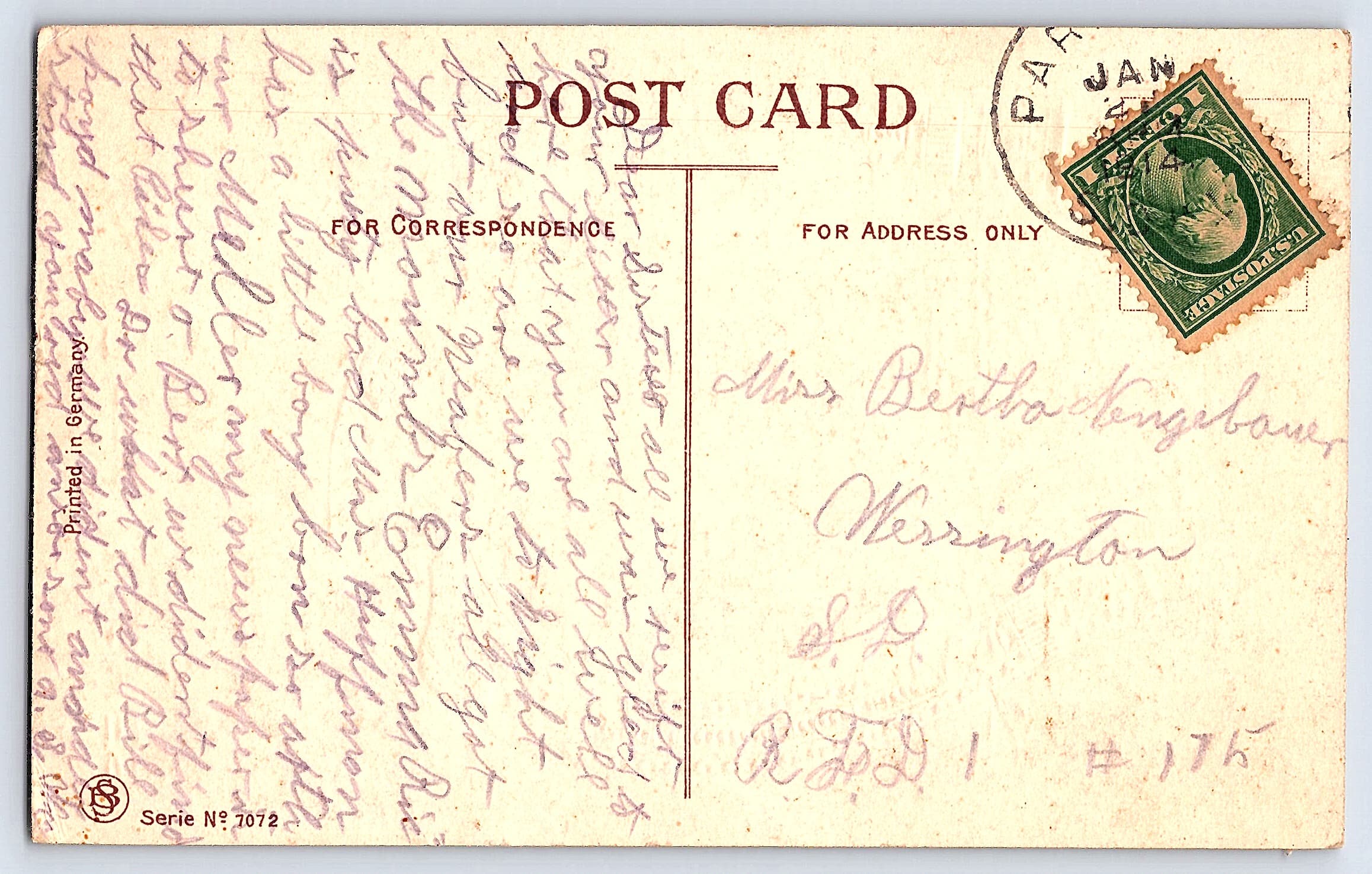 German Publisher, Divided Back Postcard, Floral Arrangement, 1910s - Back