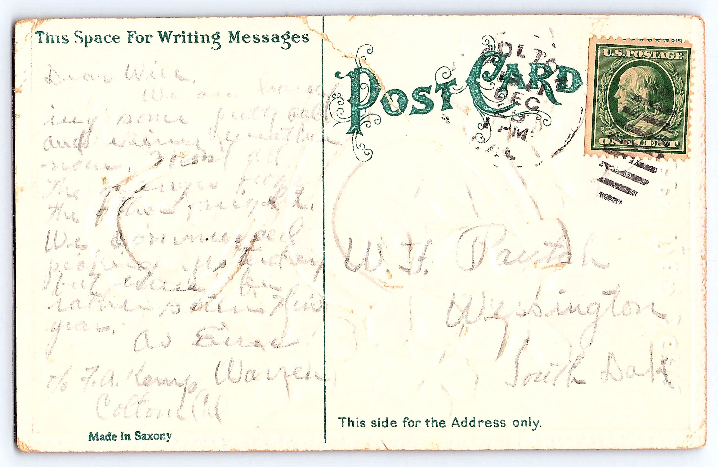 Saxony New Year Postcard, Horseshoes & Clovers, 1910s - Back