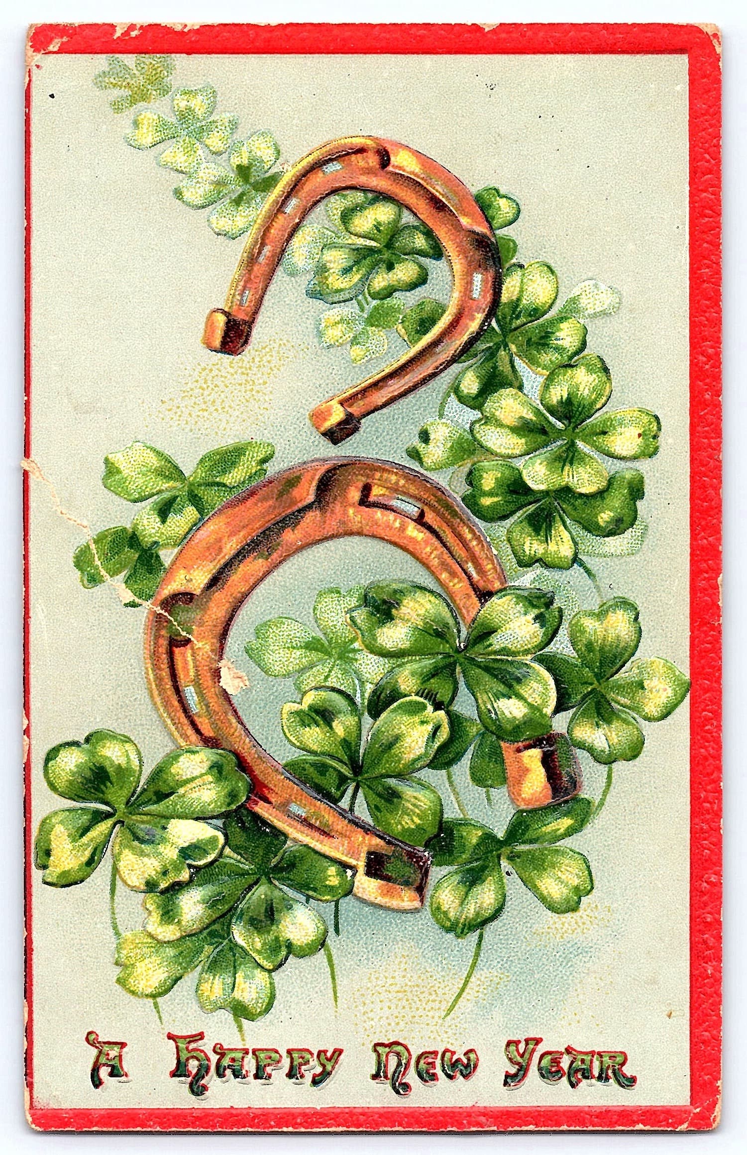 Saxony New Year Postcard, Horseshoes & Clovers, 1910s