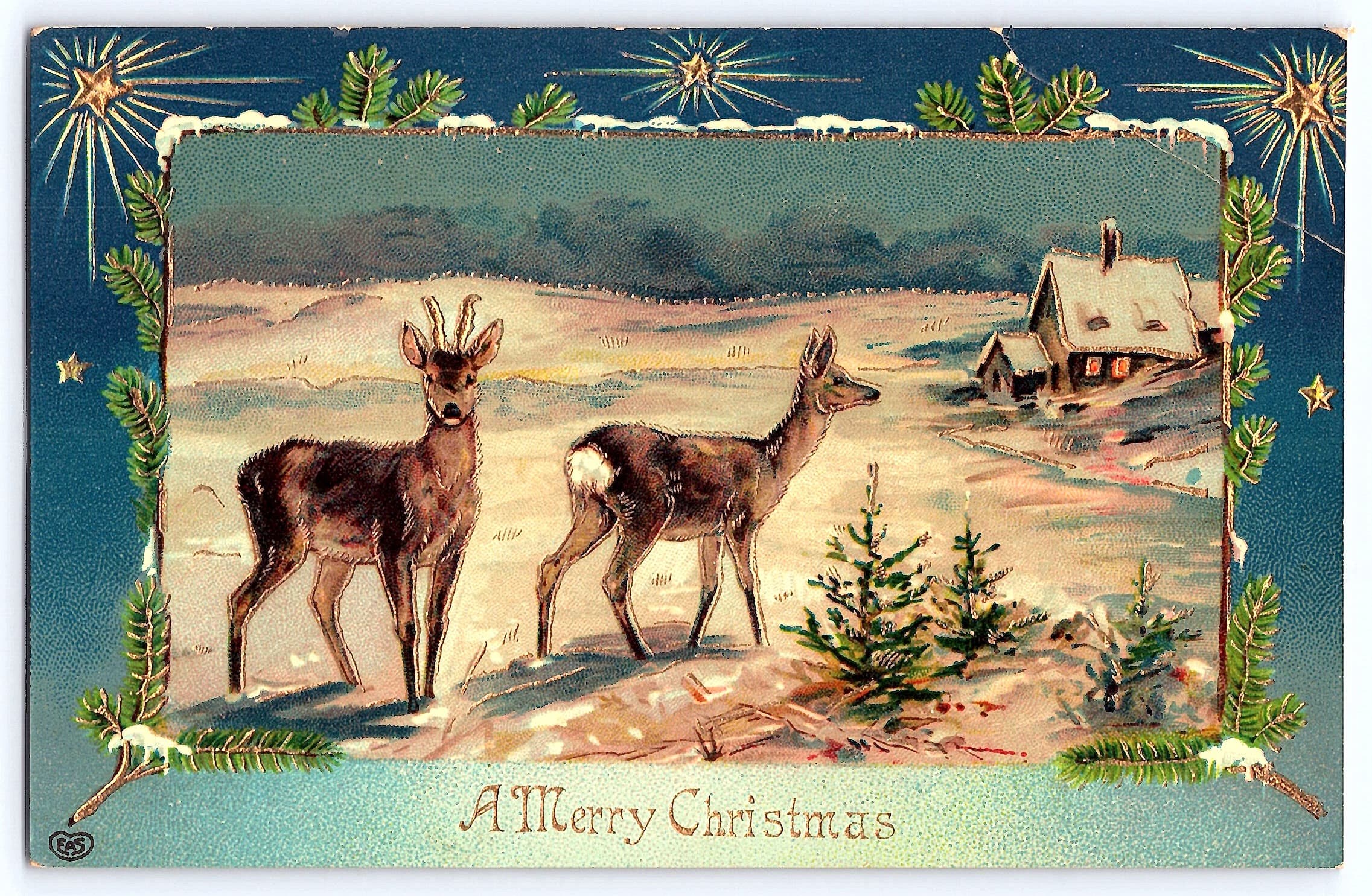 German Publisher, Divided Back, Christmas Scene with Deer, 1900s