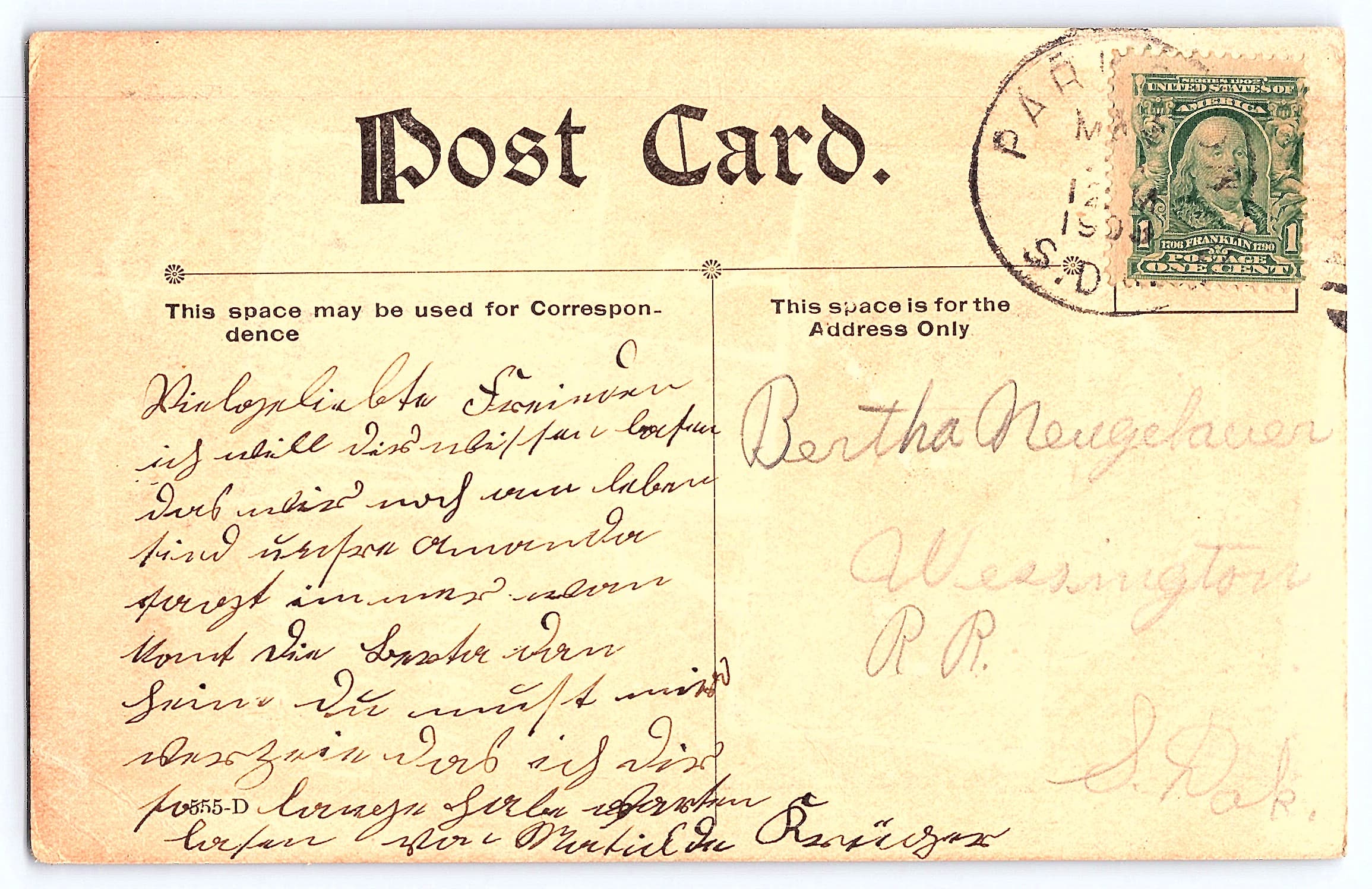 Unknown Publisher, Divided Back, Floral Design, 1908 Postmark - Back