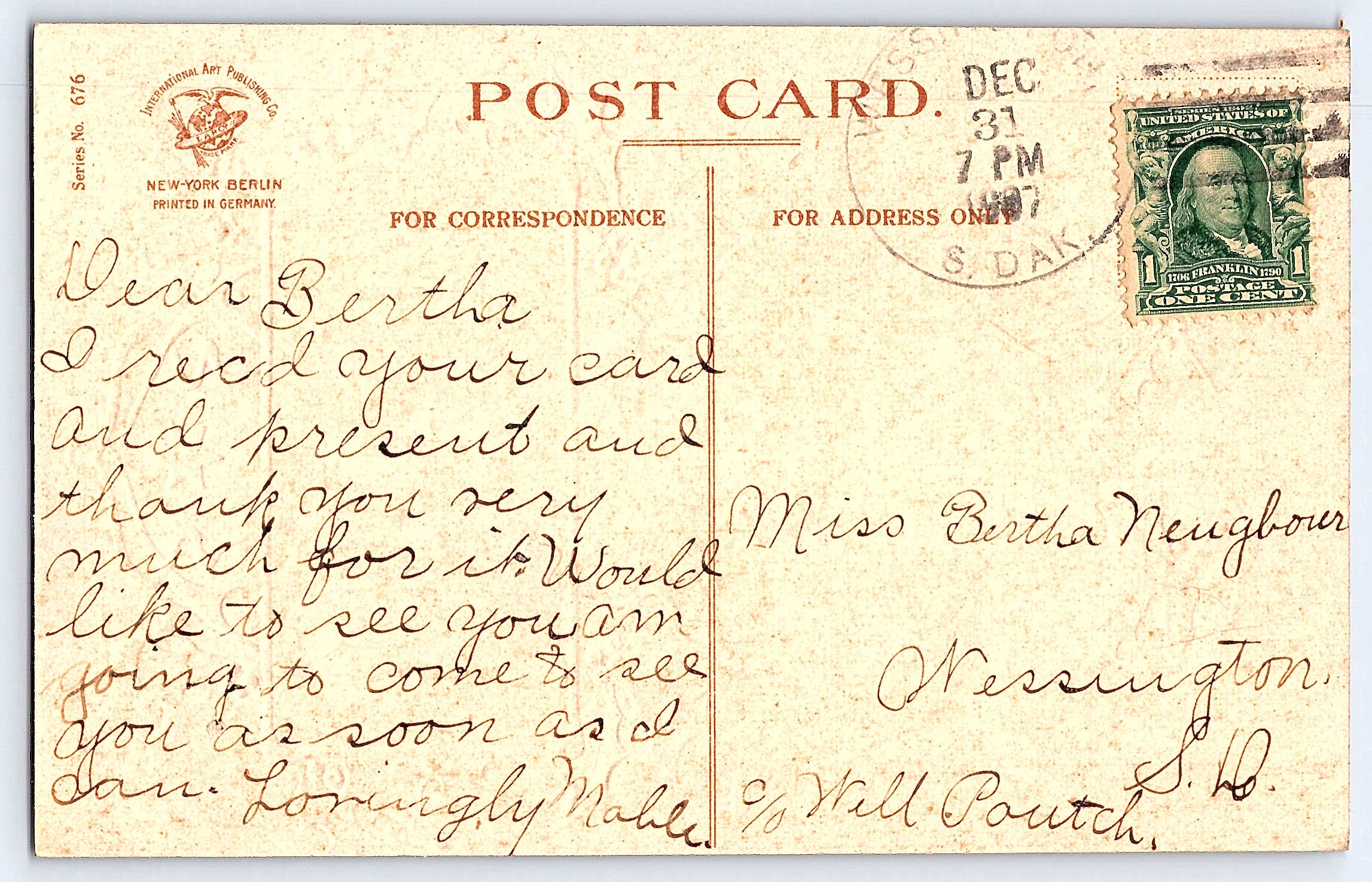 International Art Publishing Co., New Year Postcard, 1907, South Dakota - Back