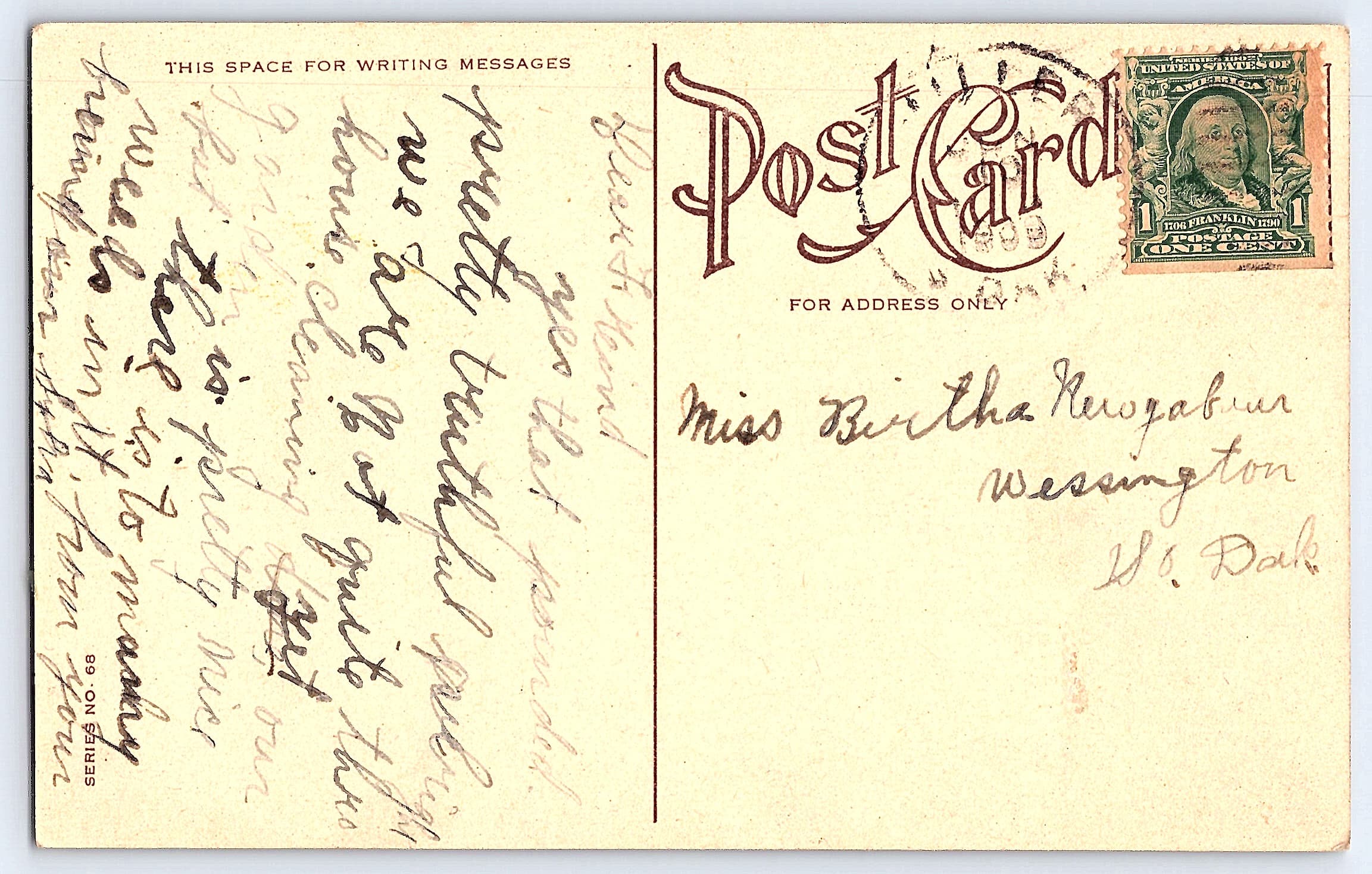 Series No. 68, Divided Back Postcard, Rose Bud, Early 1900s - Back